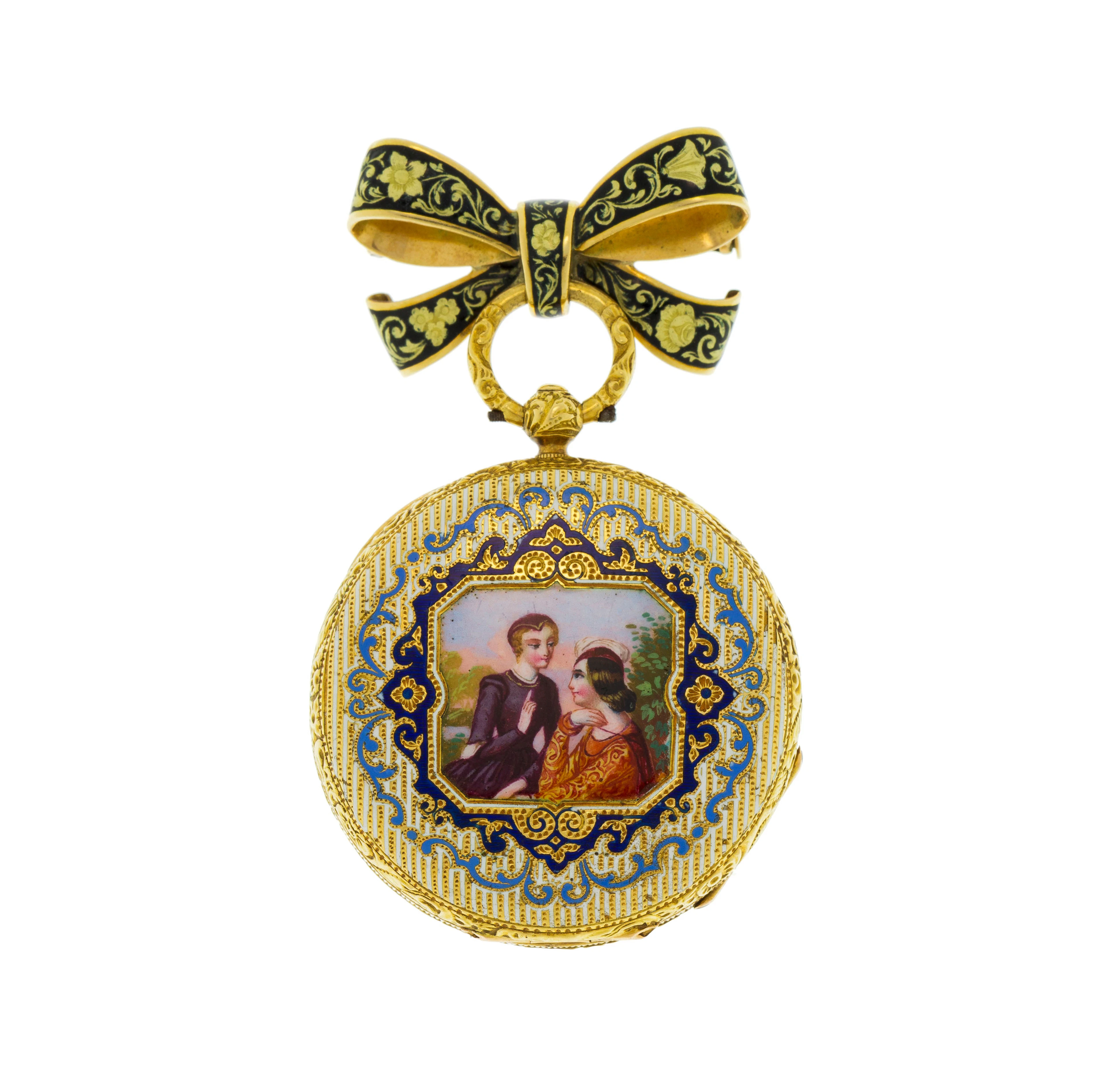 Montre de poche en or 750 et émail polychrome à motif floral réhaussée