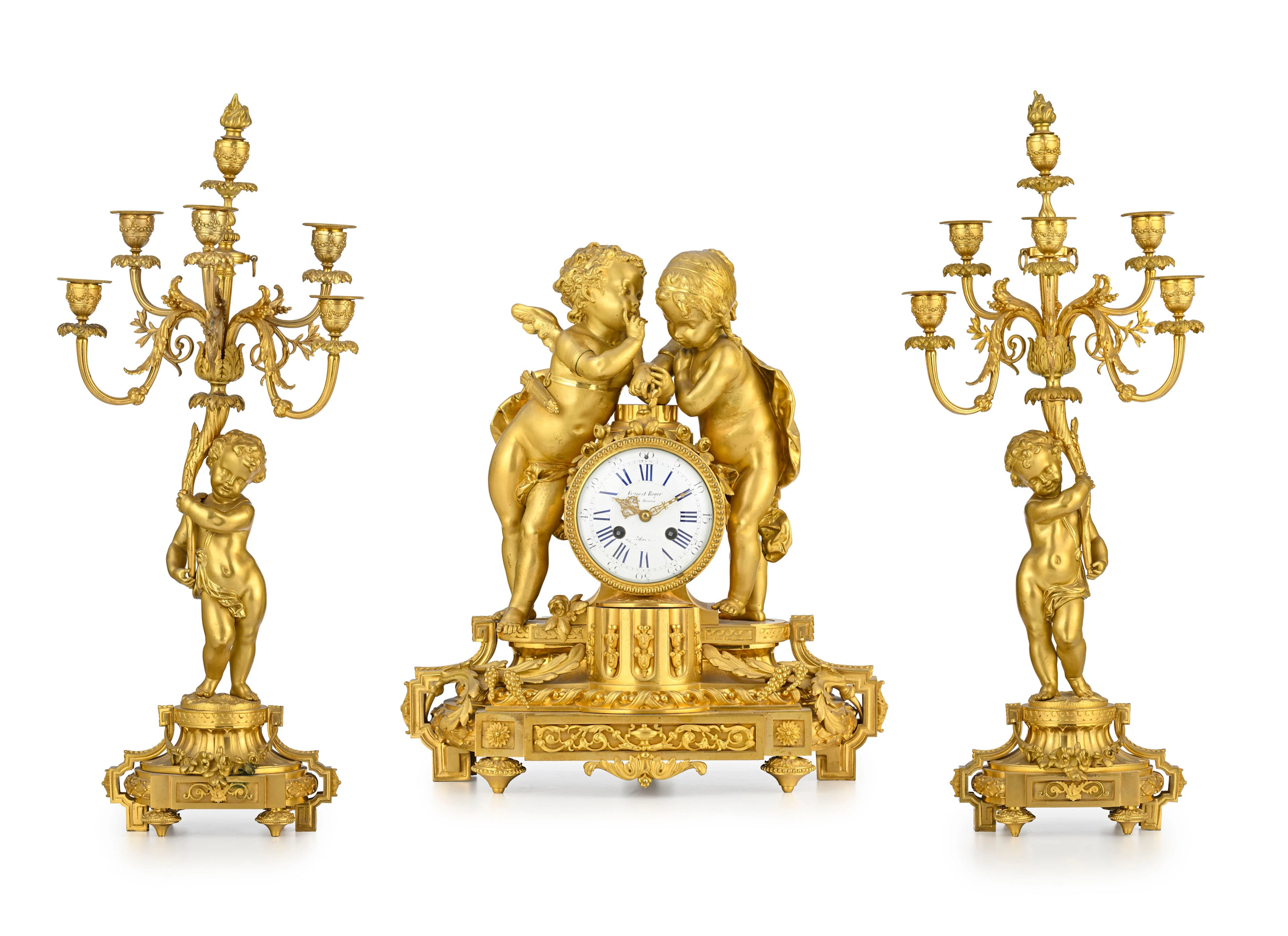 Garniture de cheminée d'époque Napoléon III, en bronze doré et ciselé