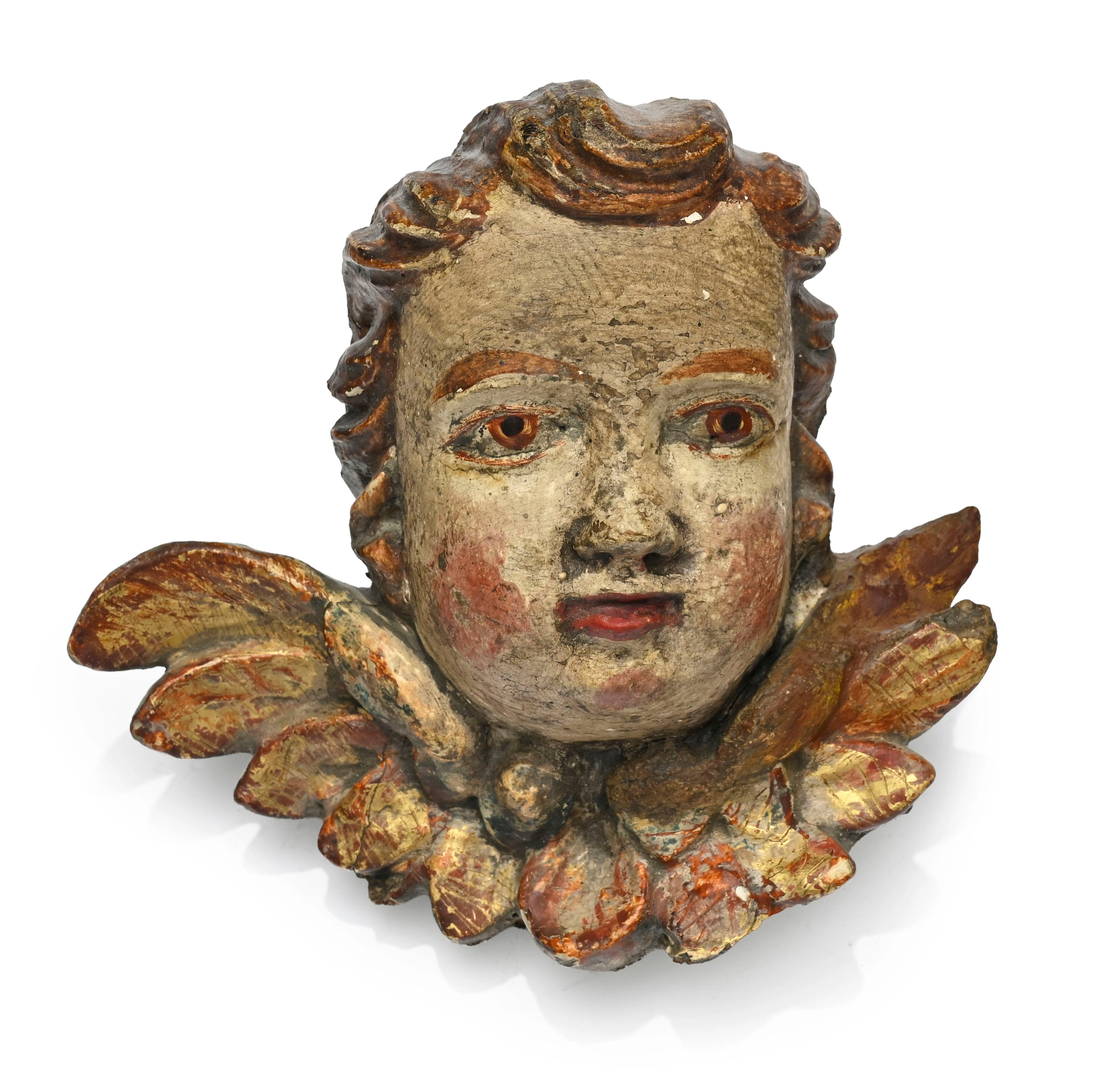 Tête d'angelot en bois polychrome, XVIIe - début XVIIIe s., 18,5x17