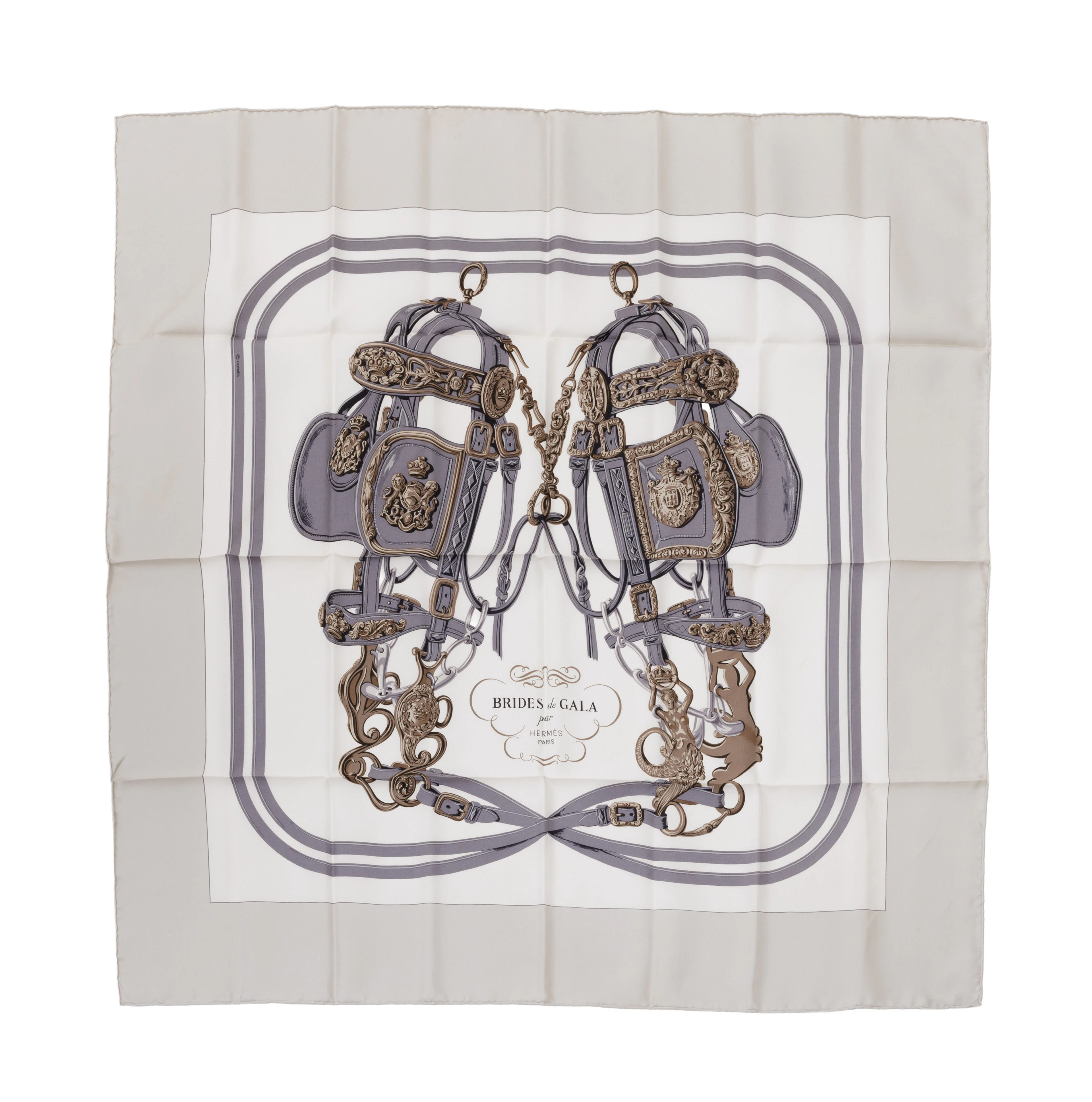 Hermès, carré en twill de soie imprimé: Brides de Gala, bord gris