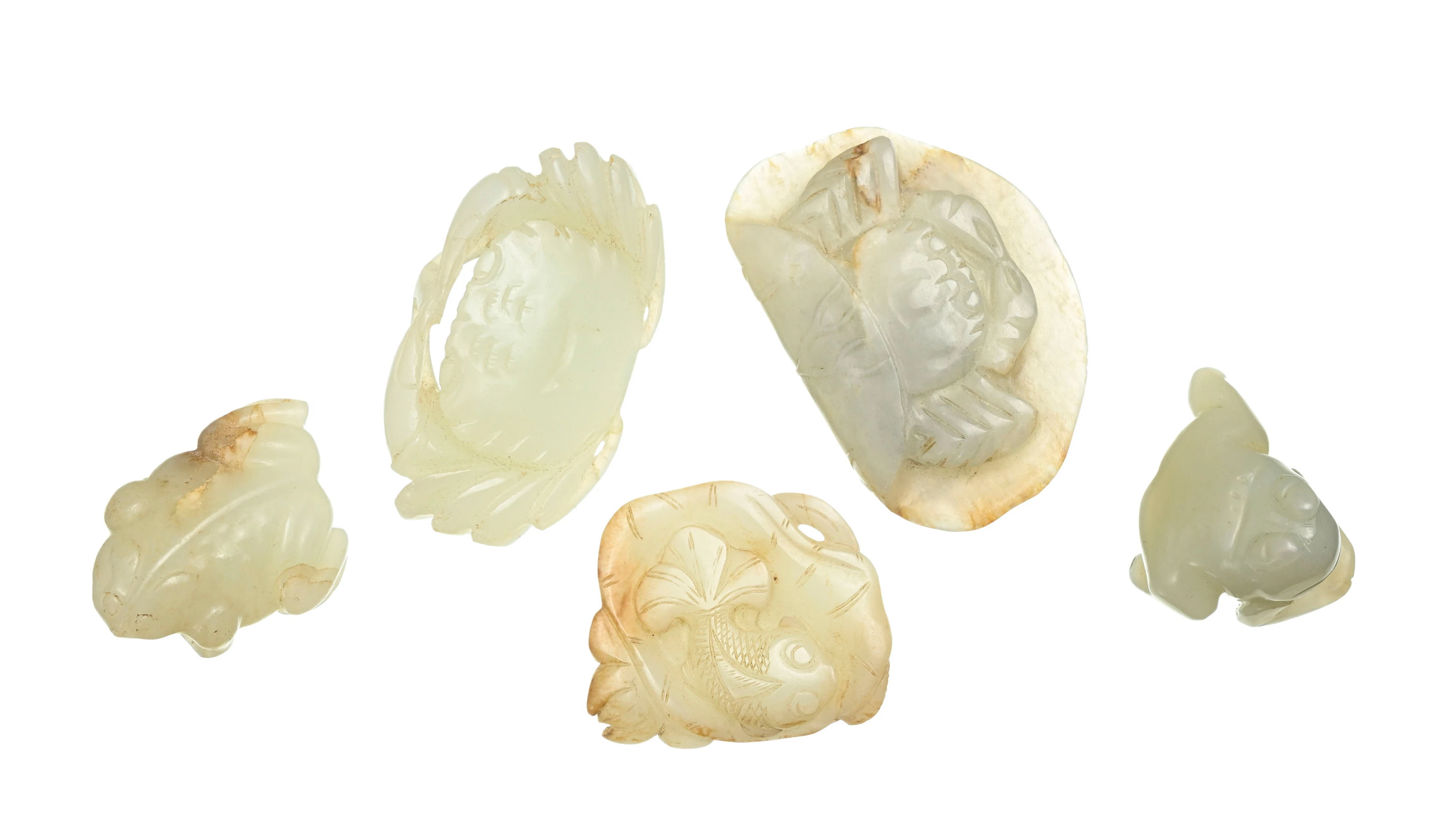 Amphibiens et crustacés, ensemble de 5 sculptures en jade, Chine