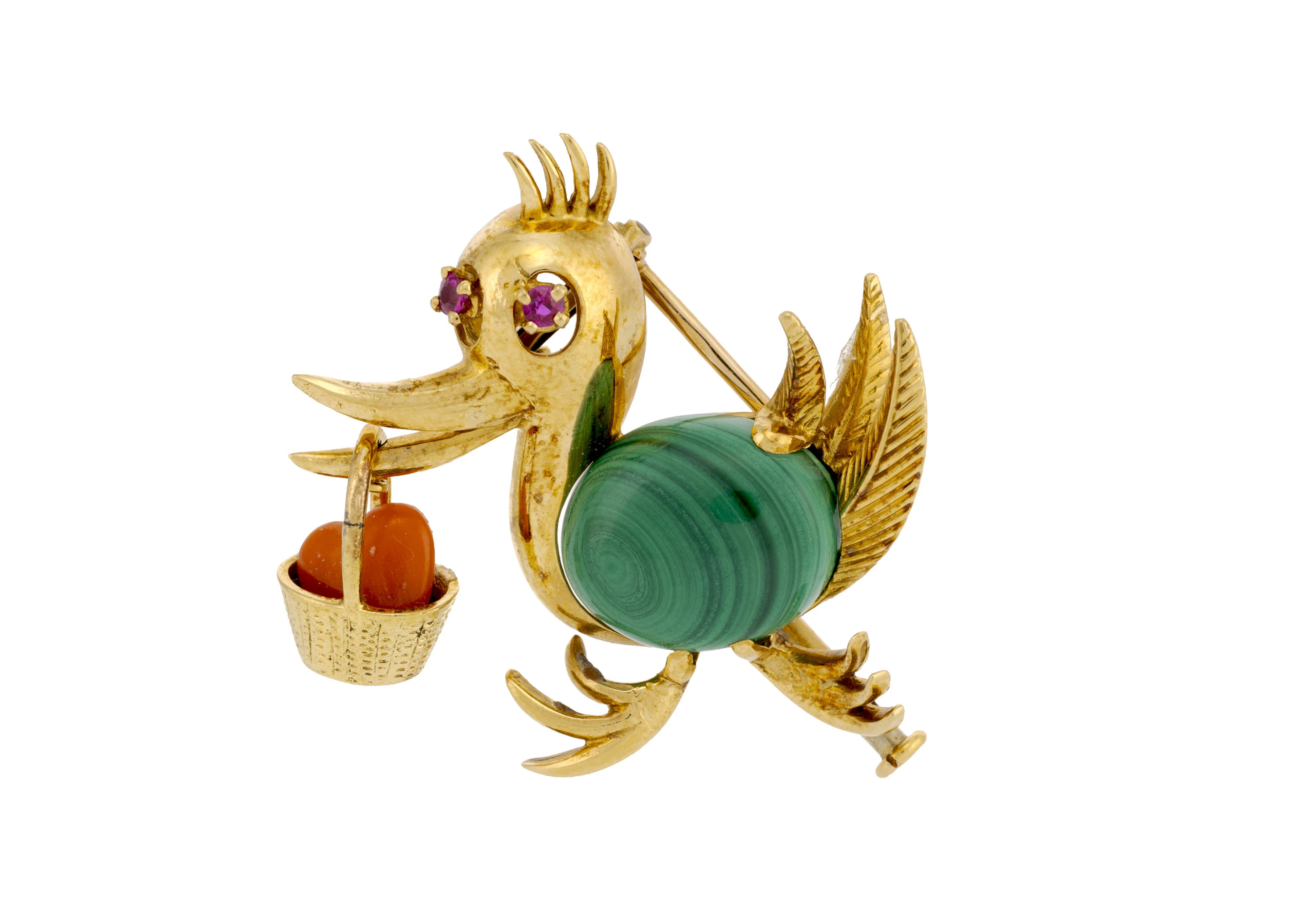 Broche canard années 1960 en or 750 et malachite, tenant un panier