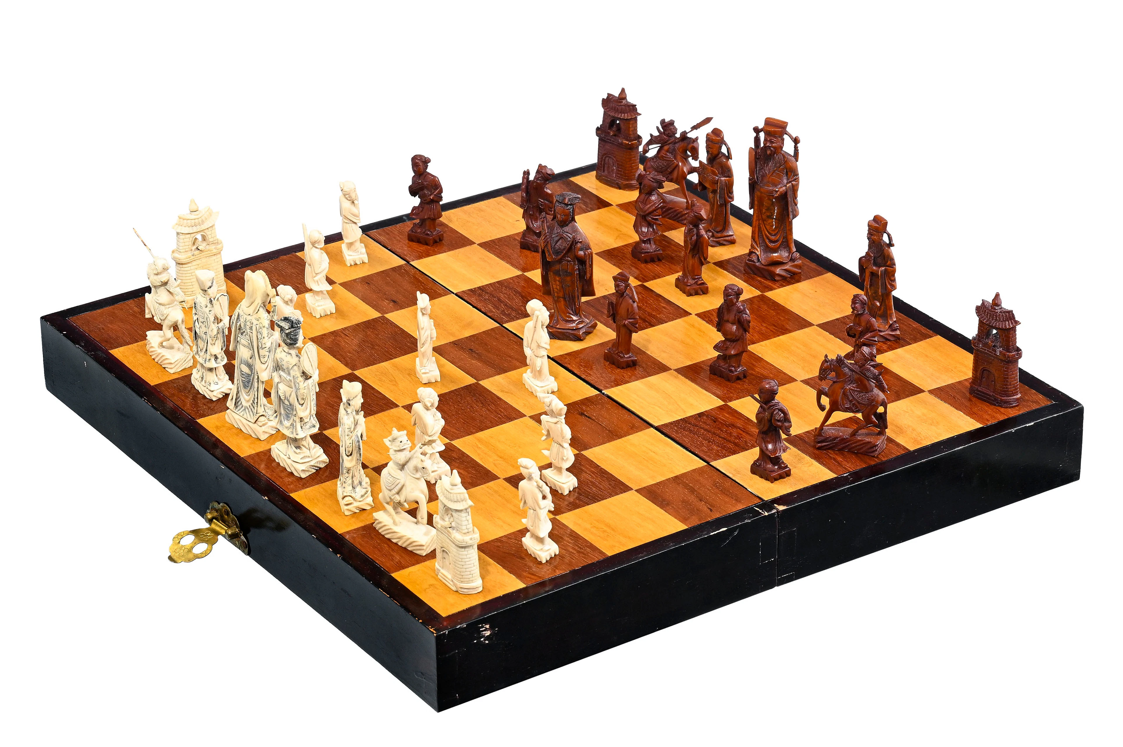 Jeu d'échecs, avec coffret en bois et figures en ivoire, Chine, première
