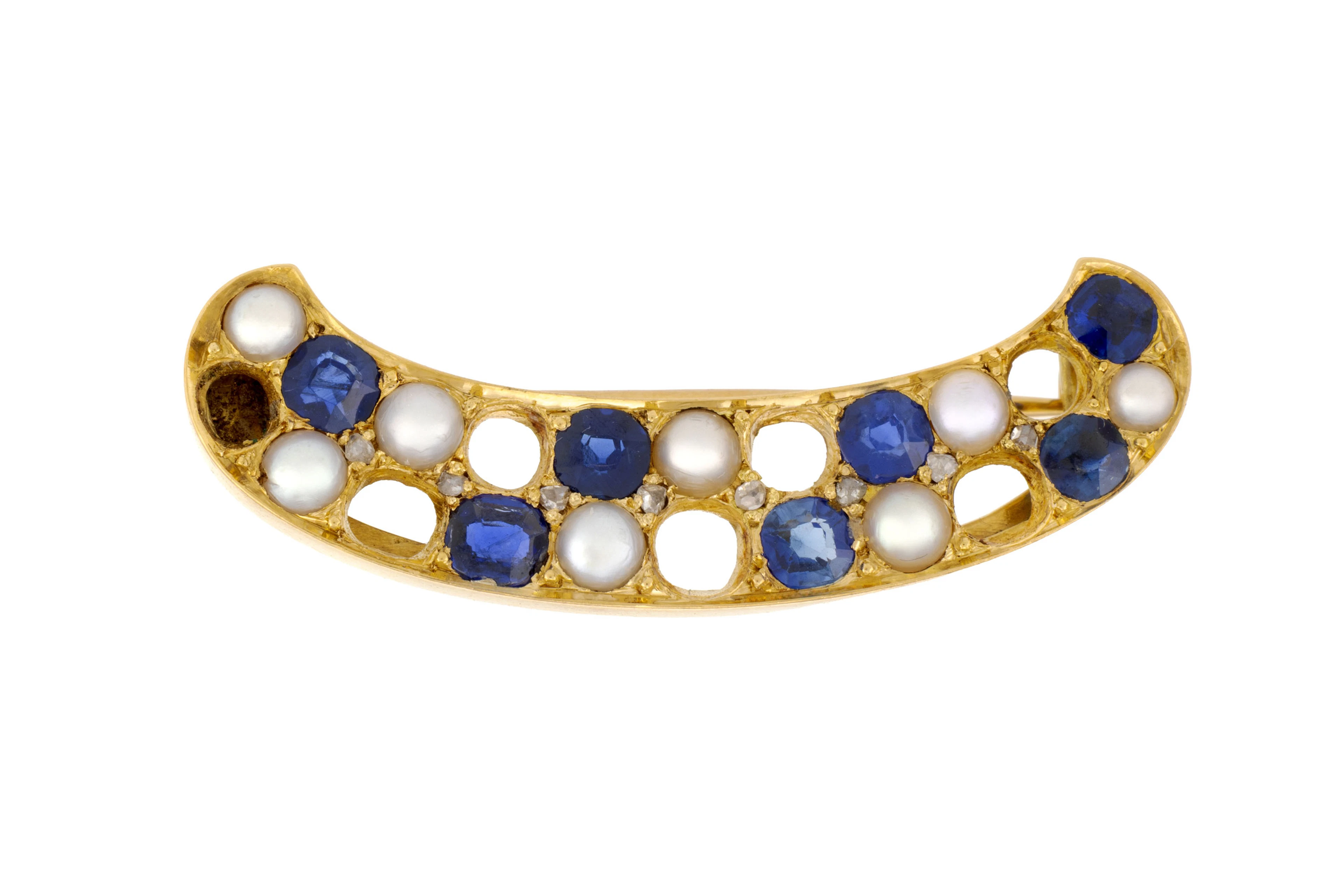 Broche XIXe s., or 750 sertie de saphirs, de petits diamants et demi
