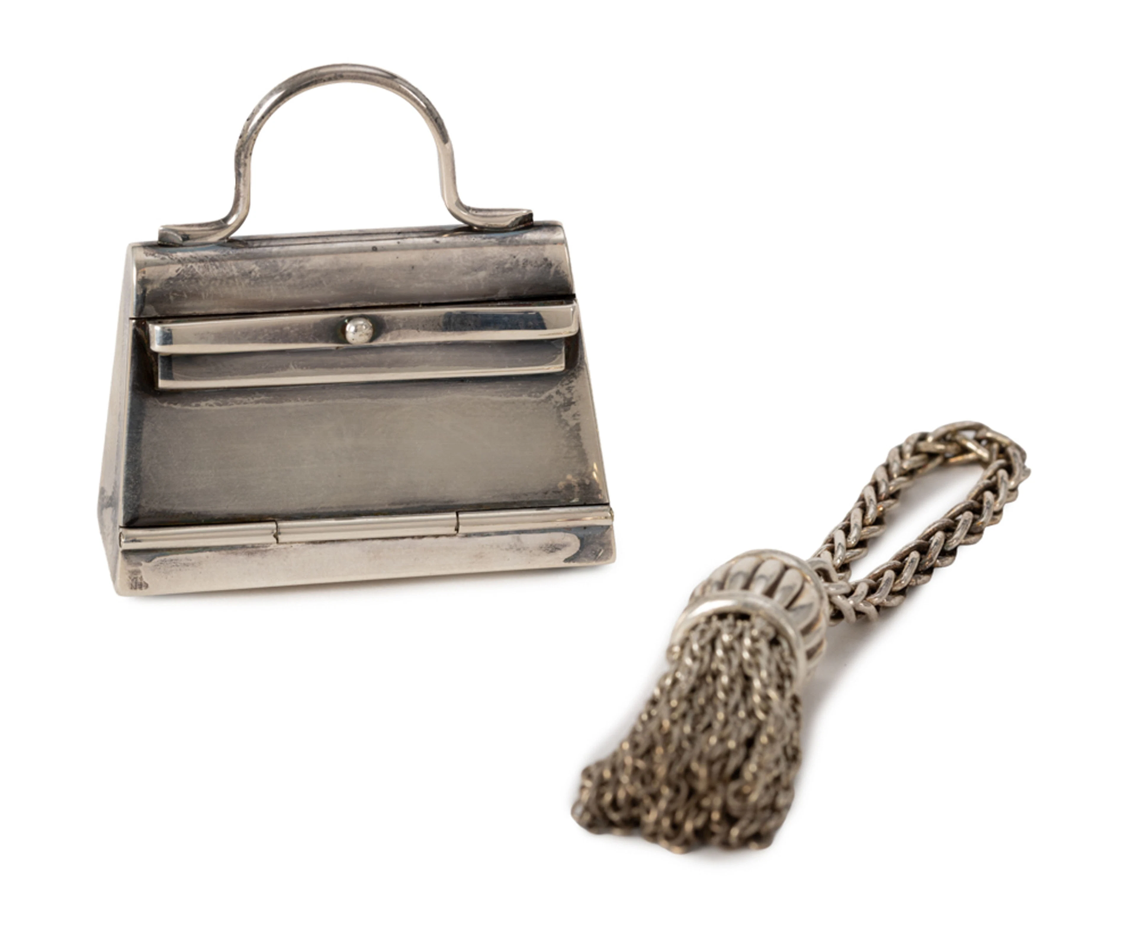 Hermès, boîte à pilule Kelly et pompon en argent 925, écrin, 4,5x4,5