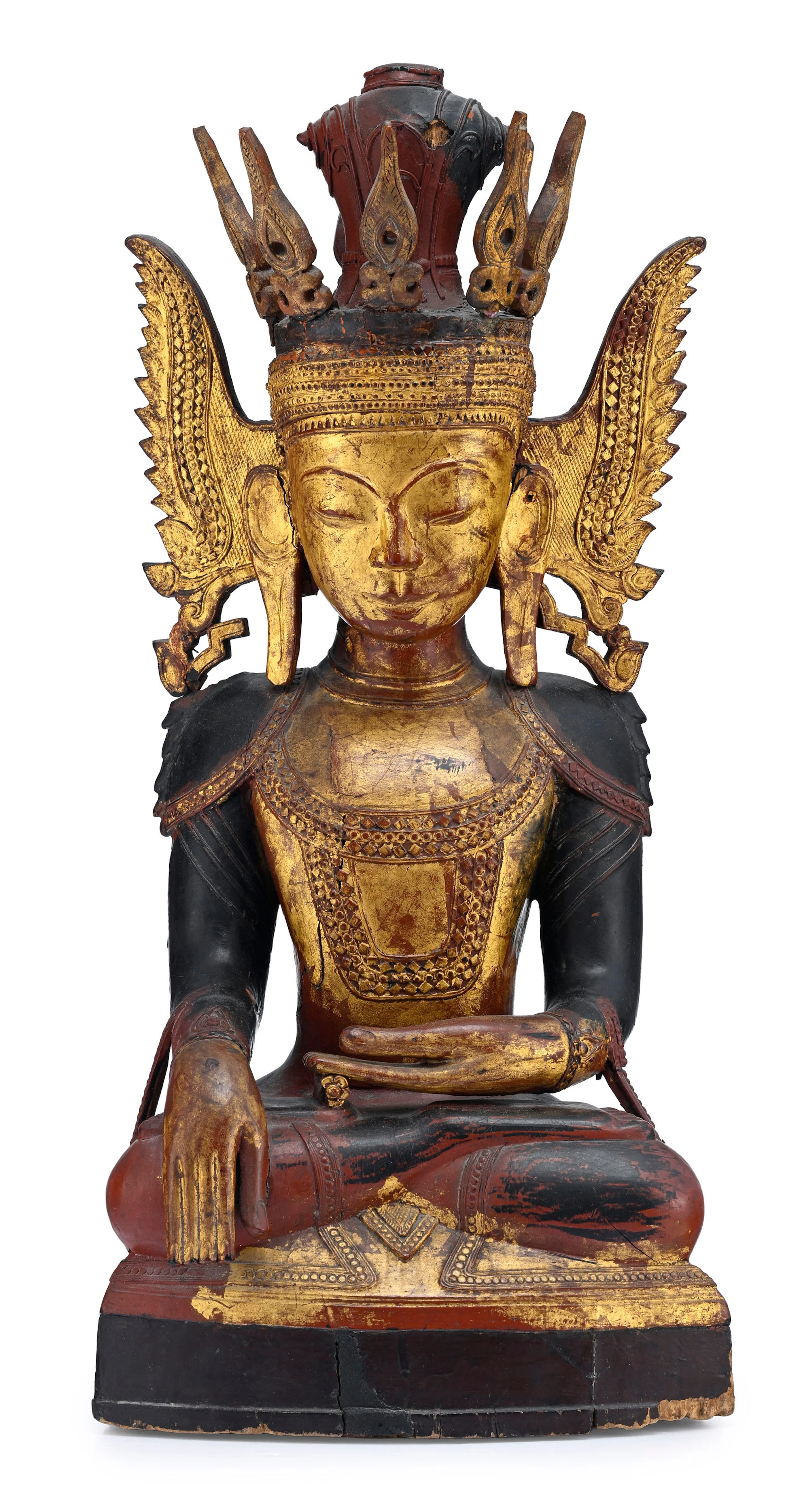 Bouddha Jambupati assis, sculpture en bois laqué et doré, Birmanie