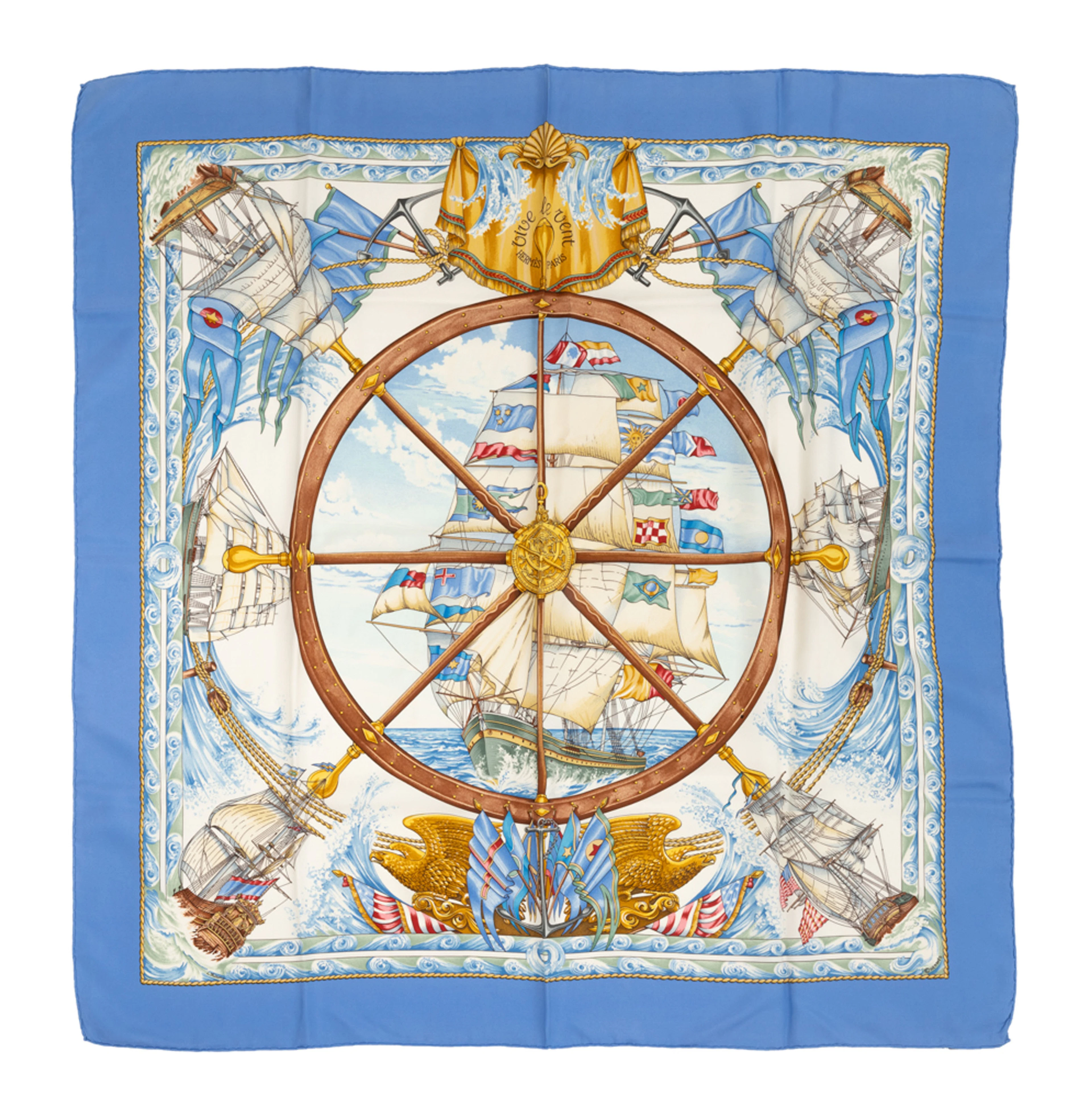 Hermès, carré en twill de soie imprimée: Vive le vent, bord bleu