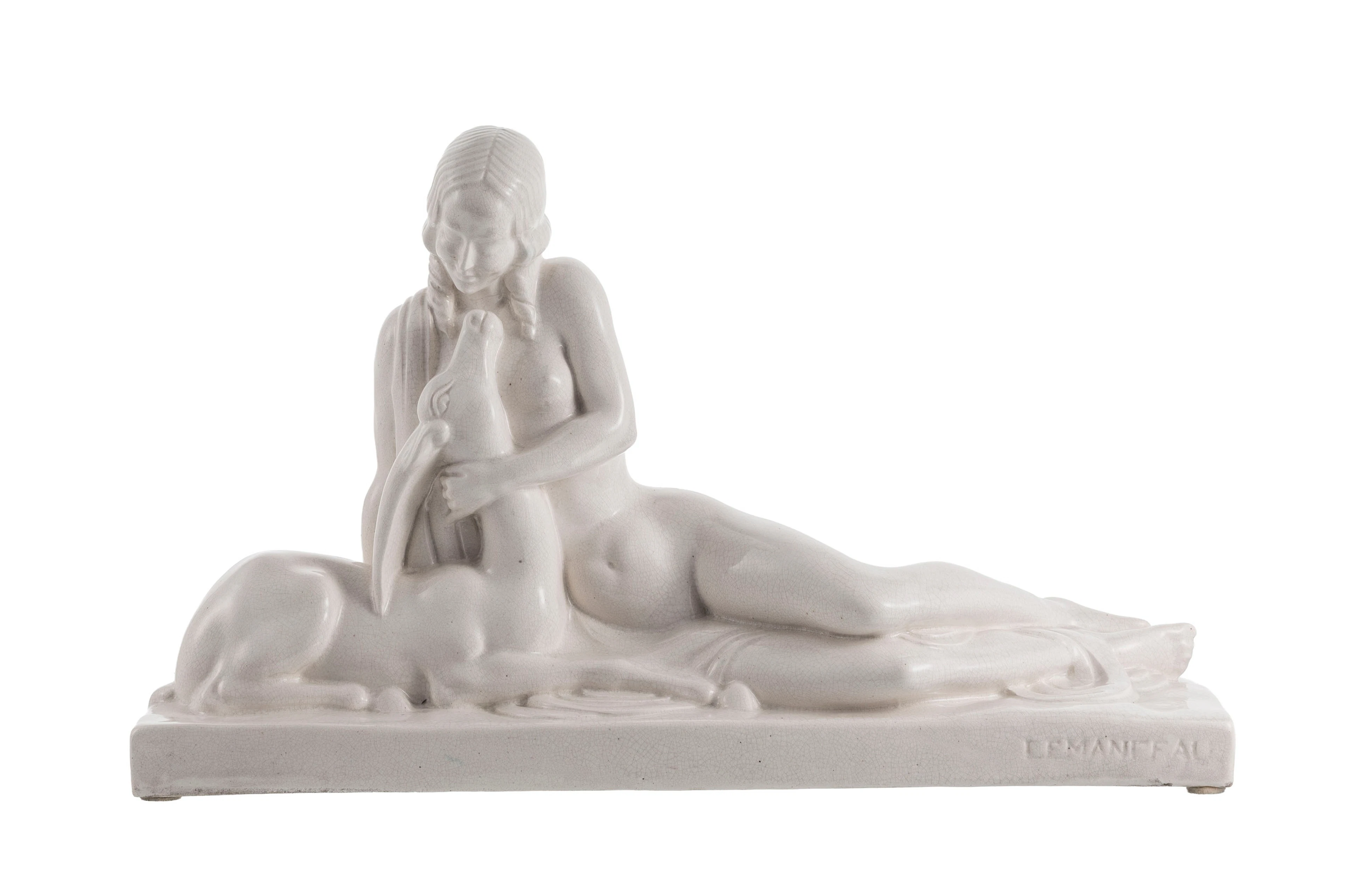 Charles Lemanceau (1905-1980). Femme et antilope en faïence craquelée