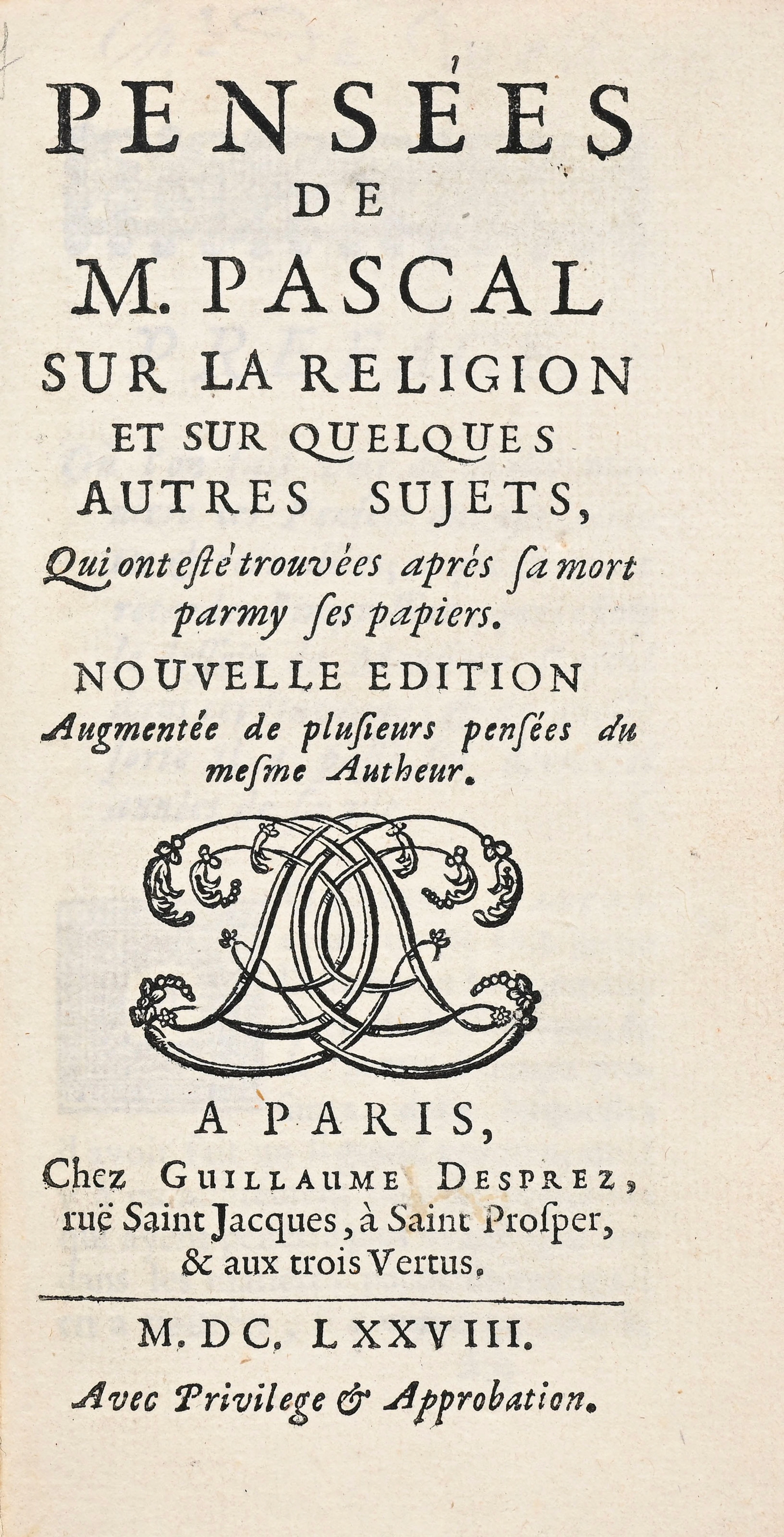 PASCAL (Blaise). Pensées de M. Pascal sur la religion, et sur quelques