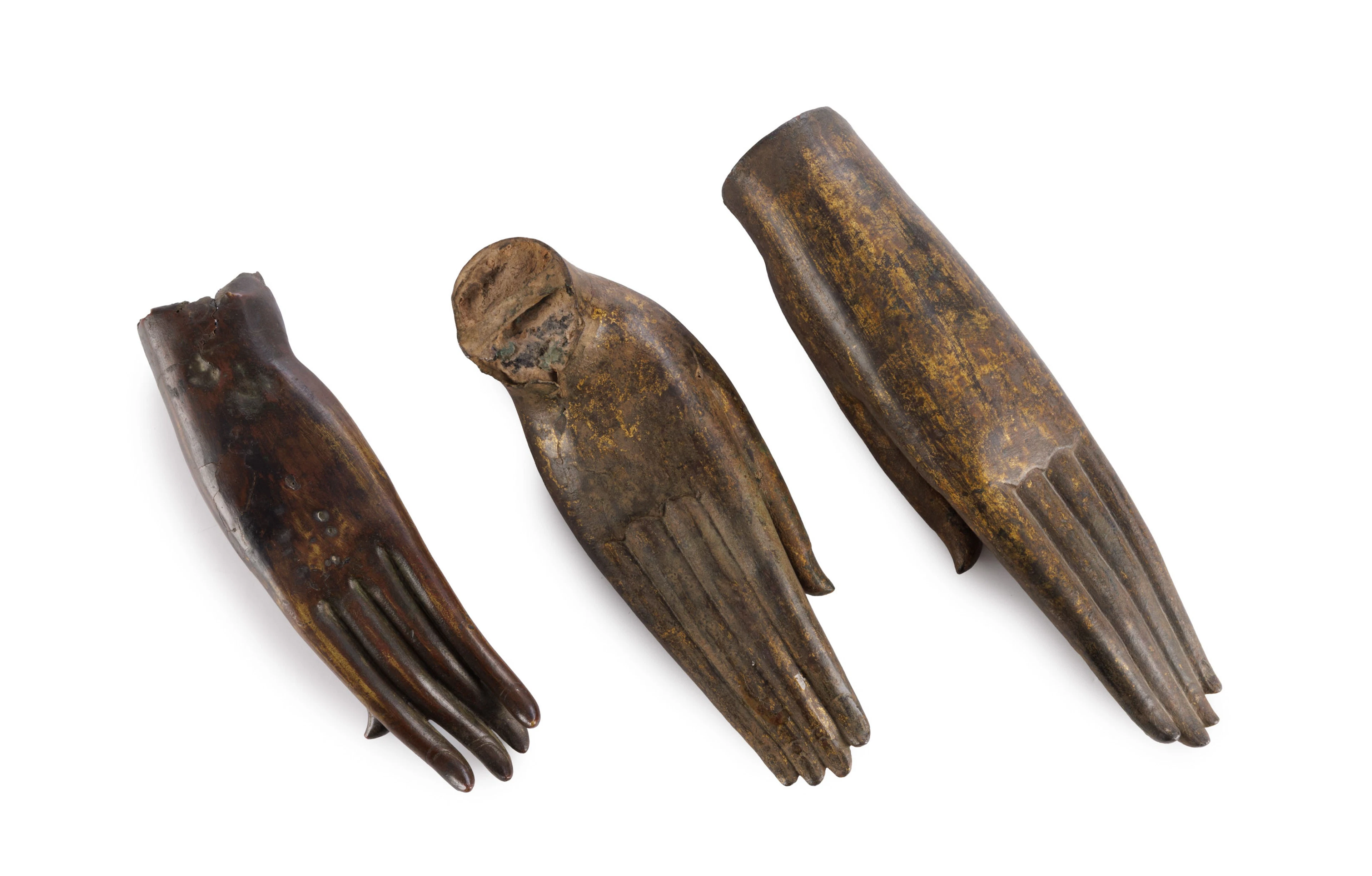 Ensemble de 3 mains de Bouddha en bronze partiellement doré, Thaïlande