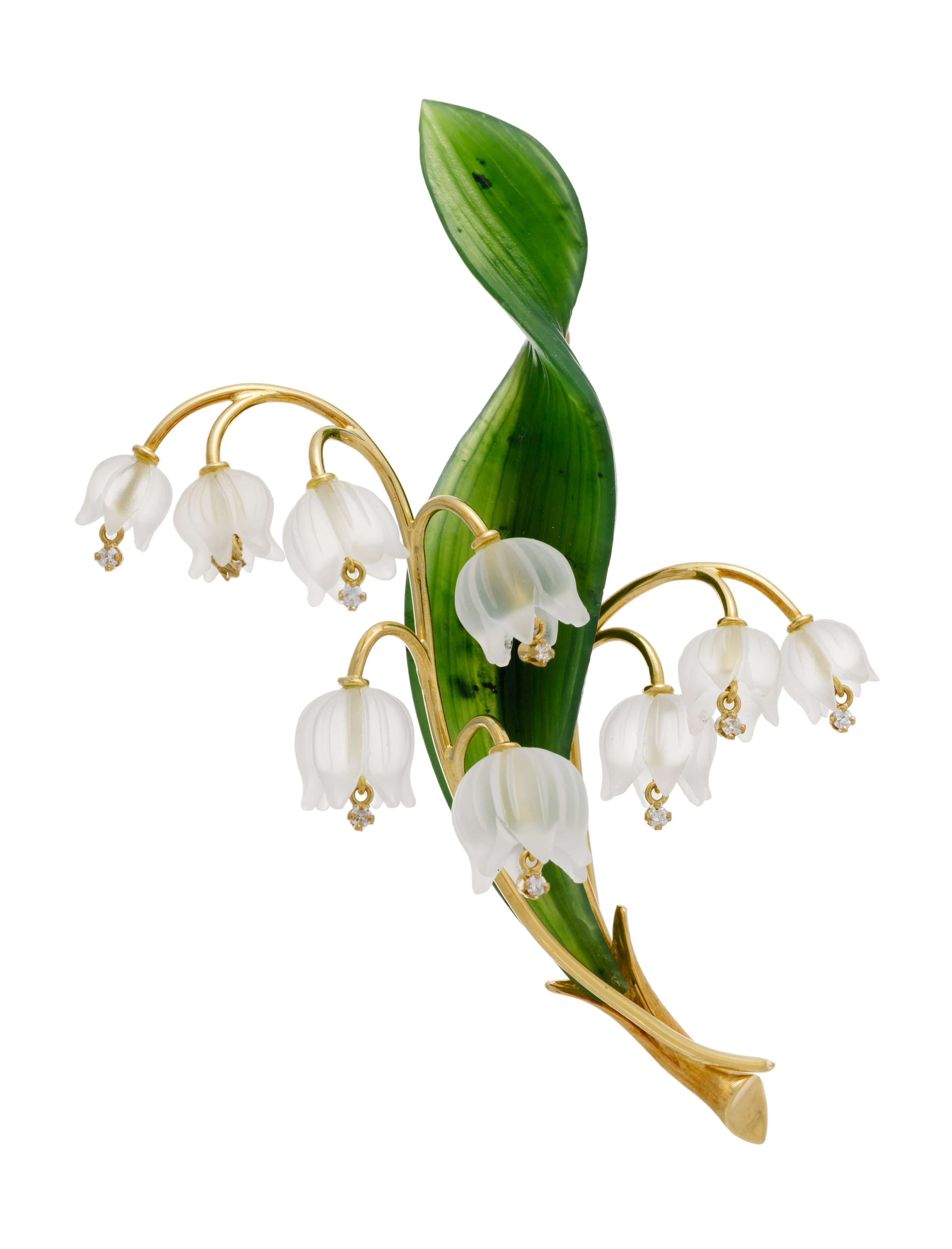 Broche or 750 figurant un bouquet de muguet avec une feuille en néphrite