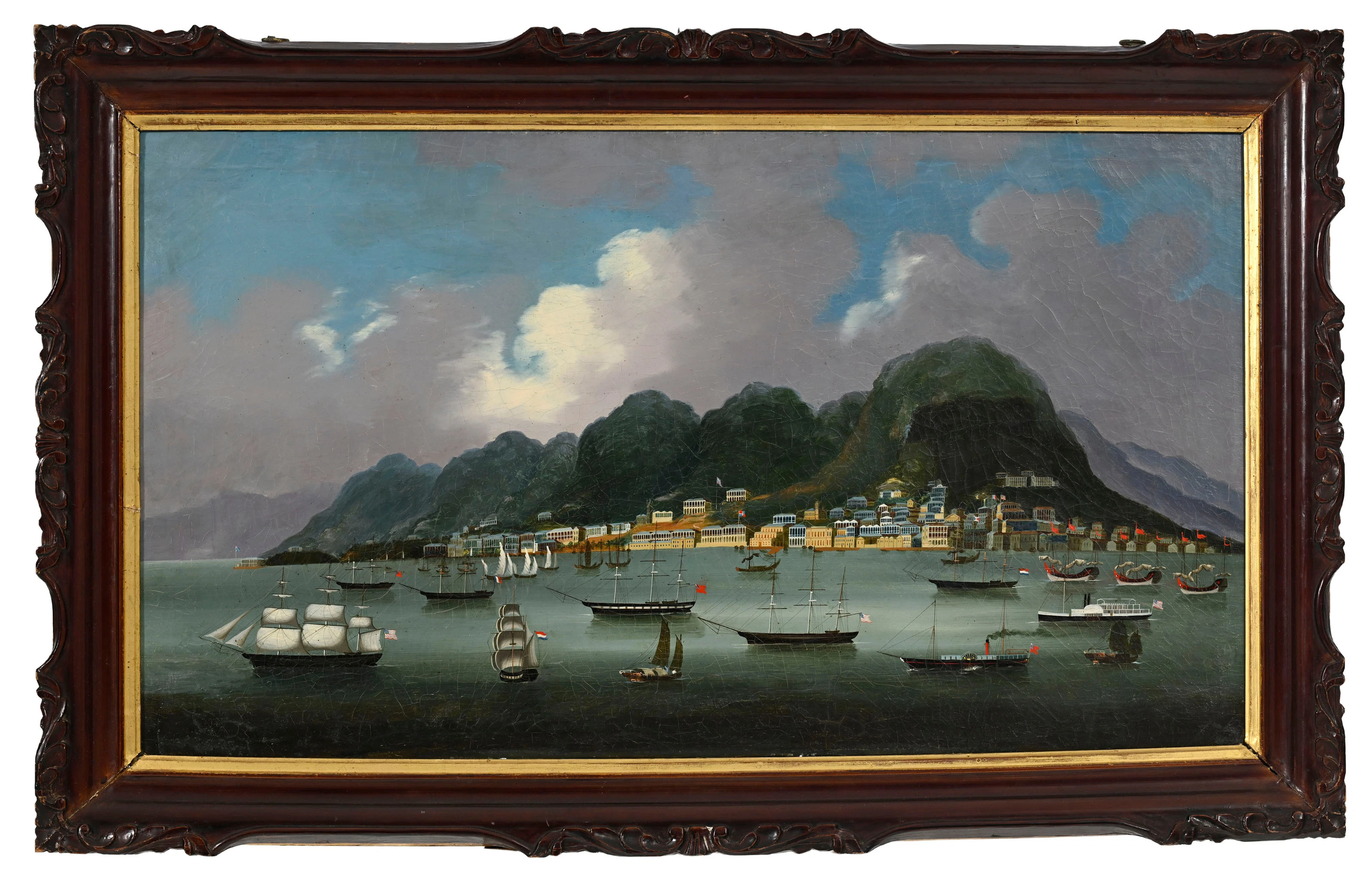 Ecole chinoise, vue du port Victoria à Hong Kong avec diverses embarcations