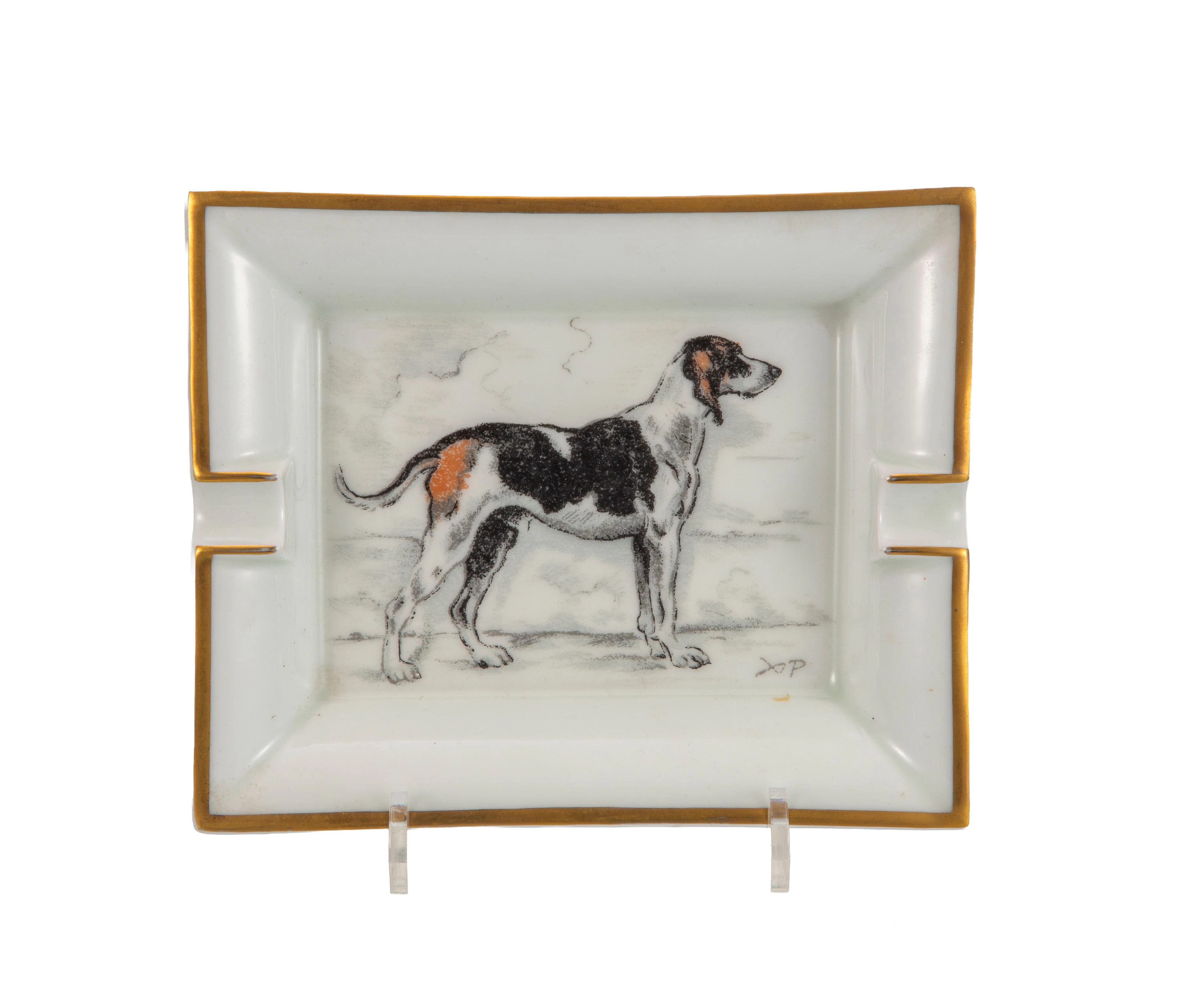 HERMÈS. Vide-poche cendrier en porcelaine, Paris, à décor de chien