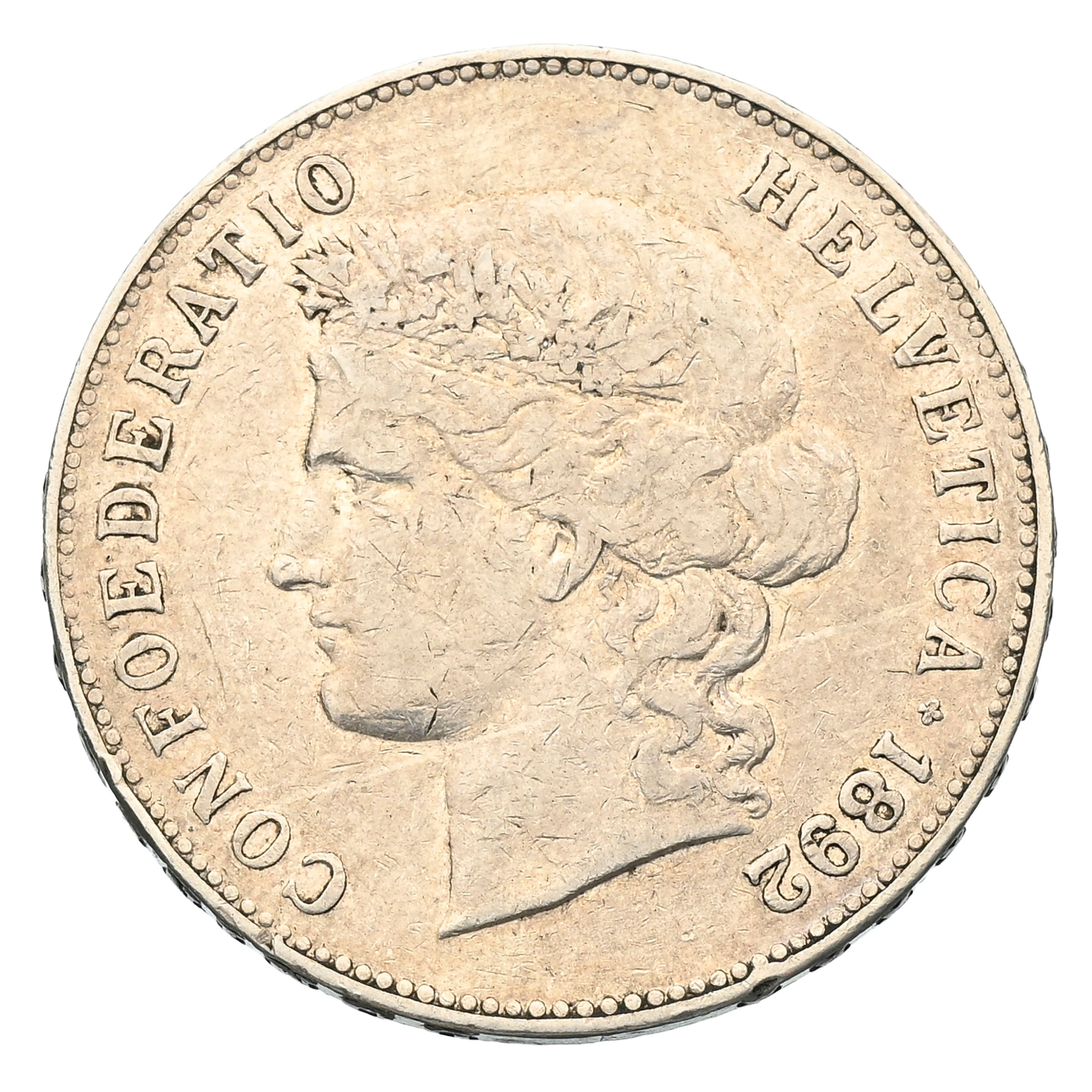 Confédération helvétique, 5 francs "Helvetia" 1892, en argent, tranche