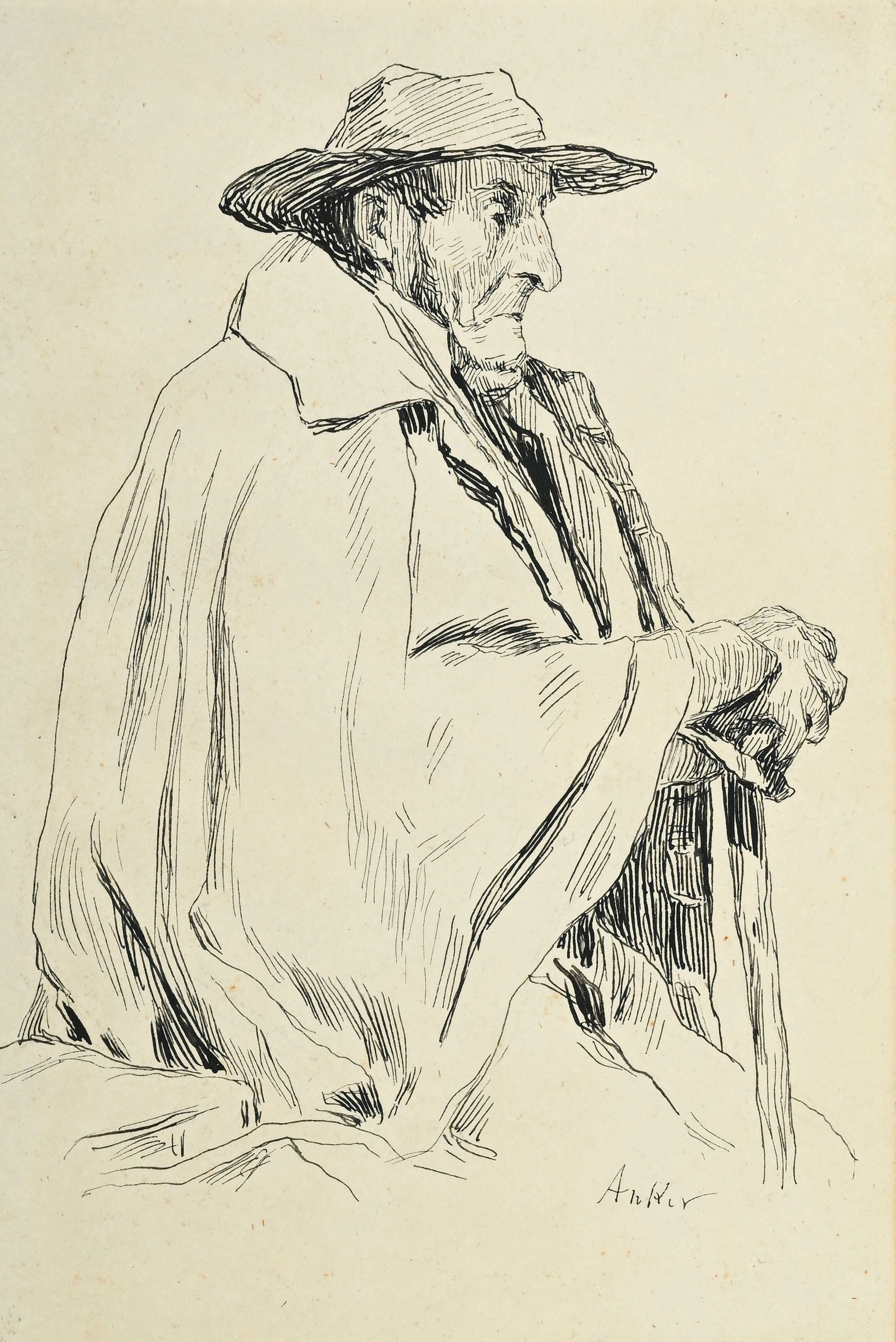Albert Anker (1831-1910), Vieil homme, encre à la plume sur papier