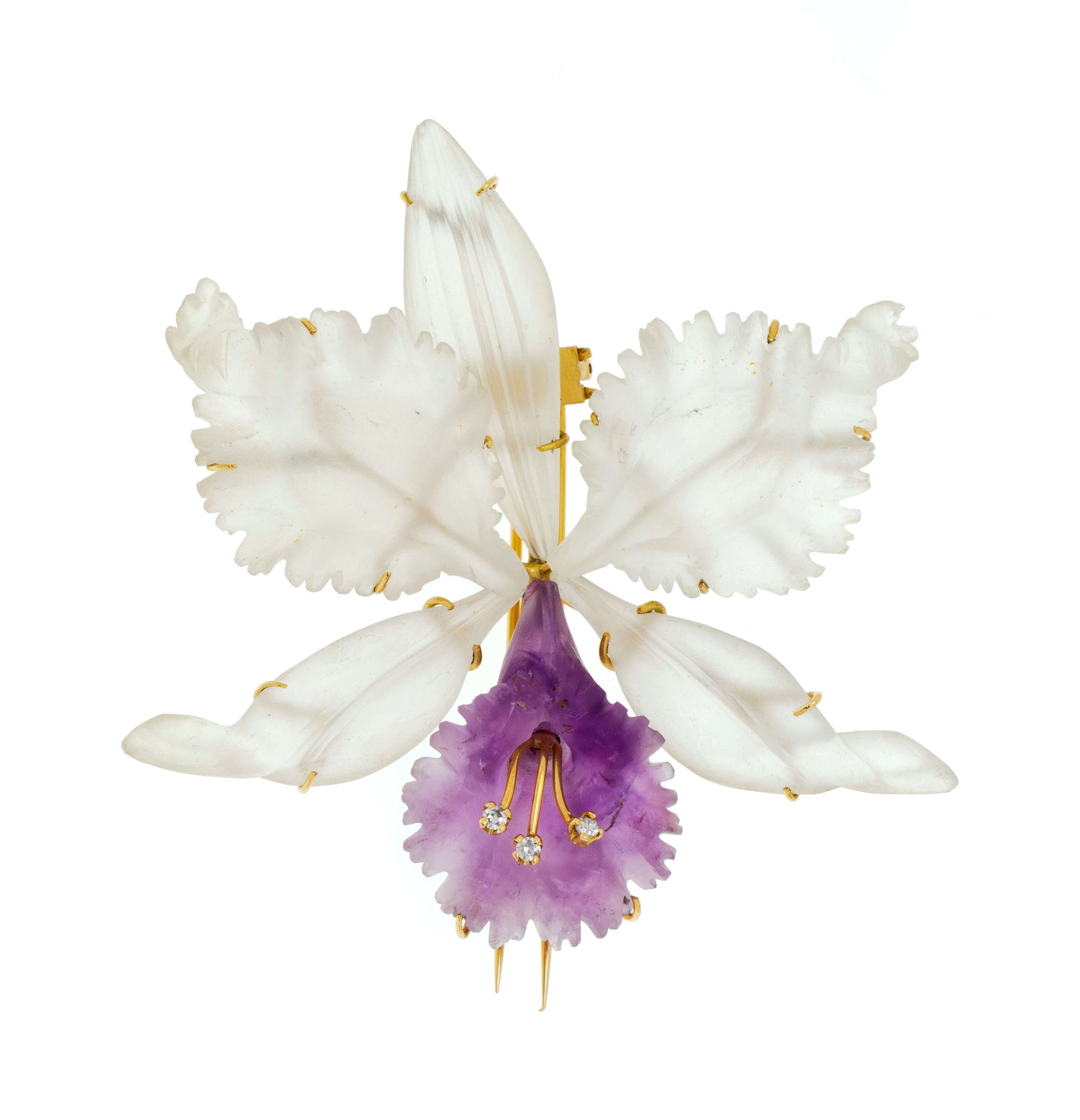 Broche orchidée or 750 en cristal de roche et améthyste gravés, les