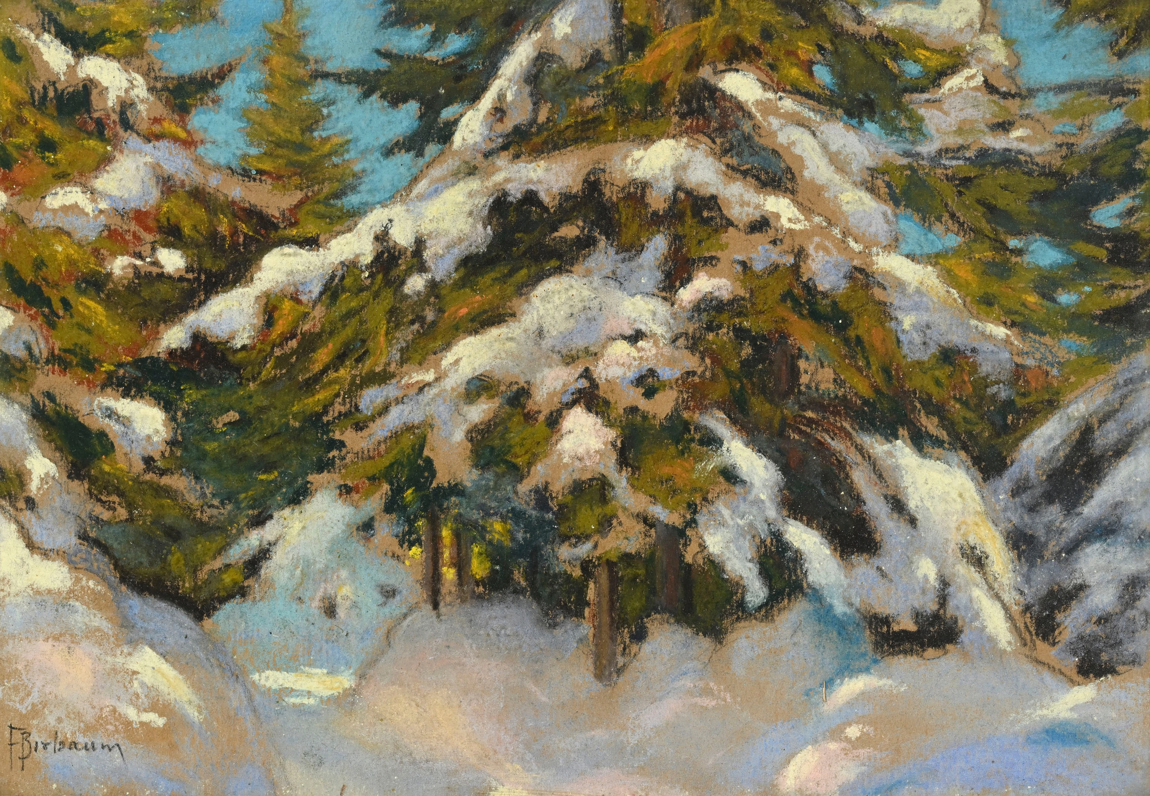 François Birbaum (1872-1947), Sapins enneigés, pastel sur papier