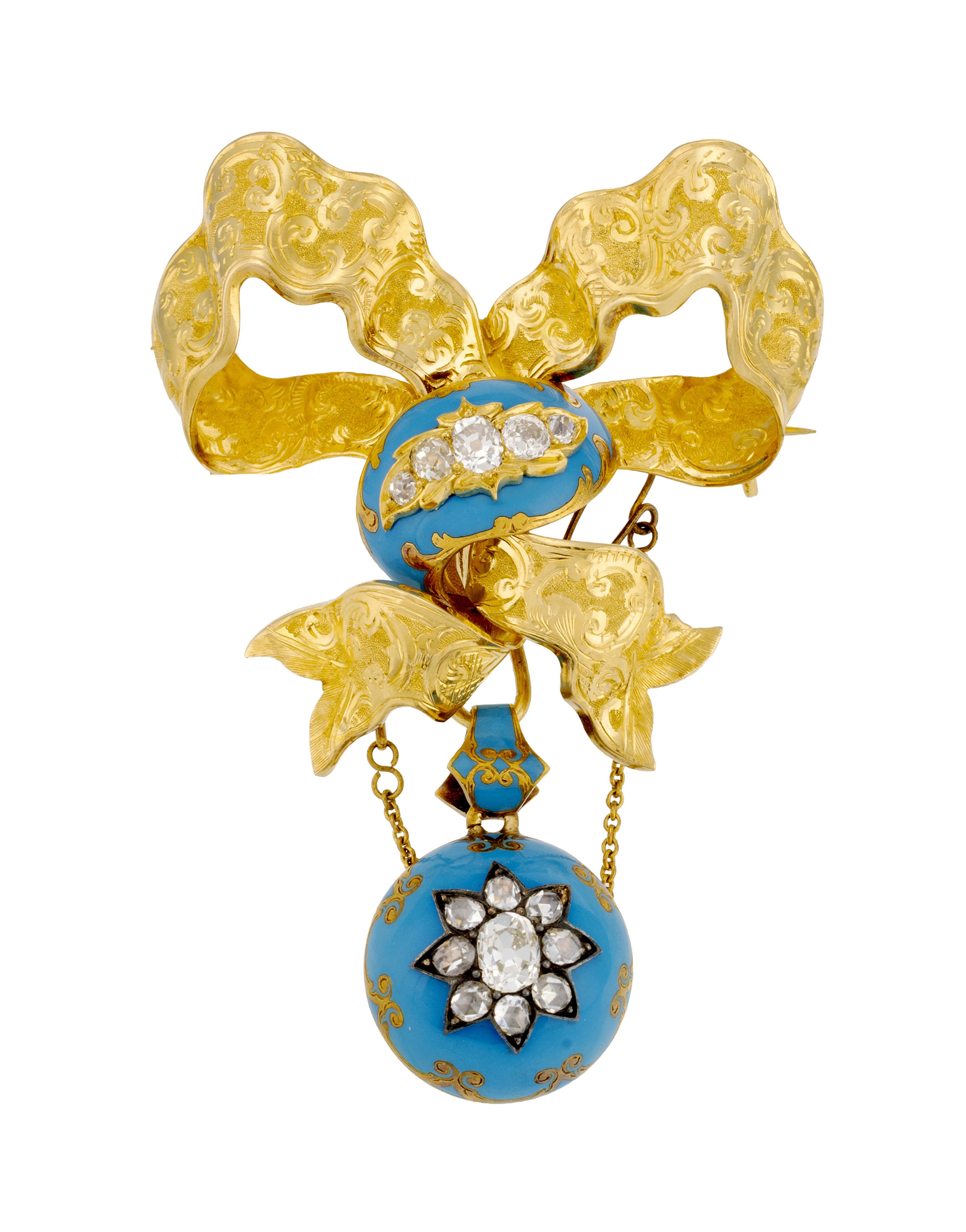 Broche nœud XIXe s., or 750 gravé de feuilles d'acanthes, ornée d'émail