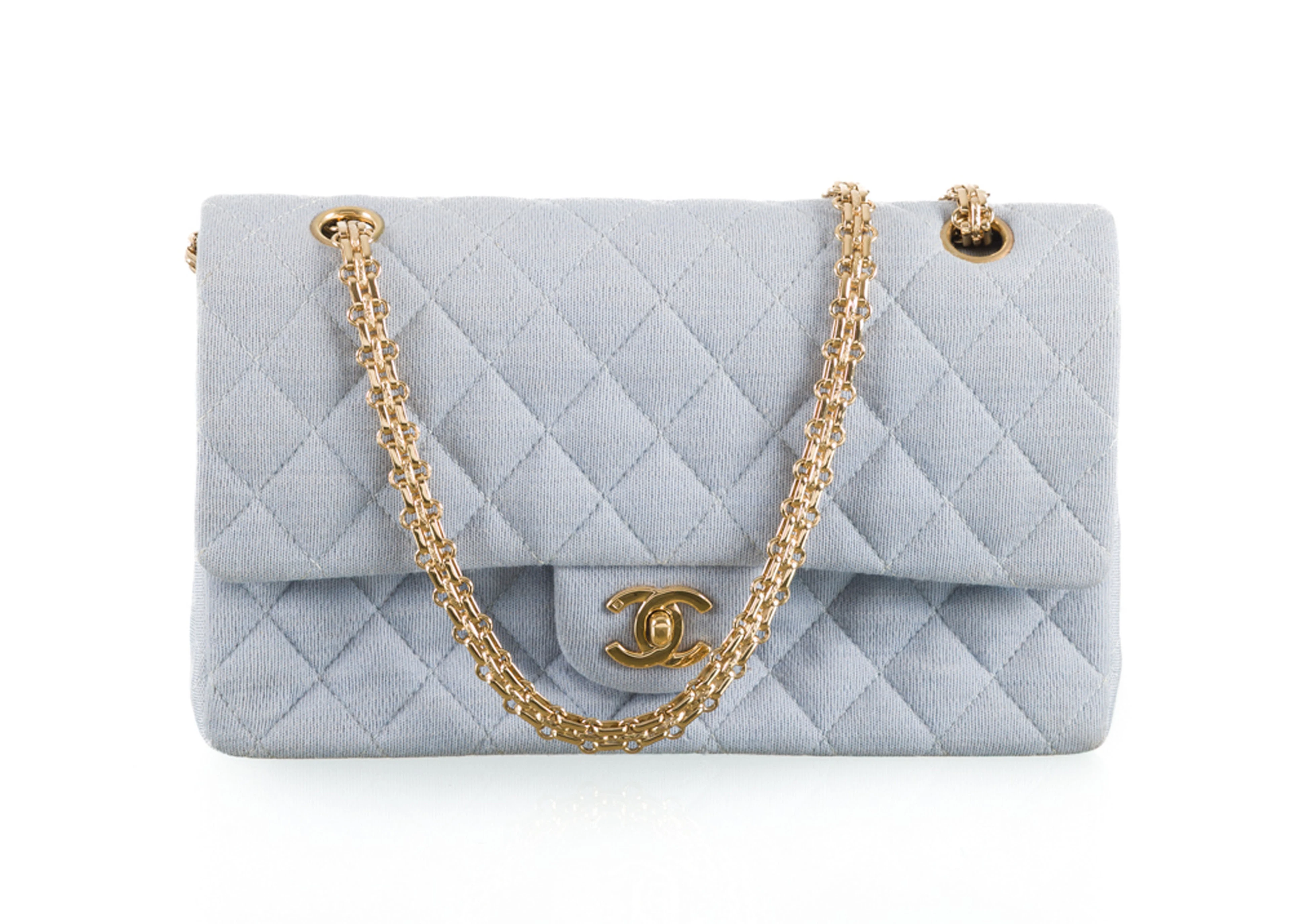 Chanel, sac Timeless en jersey bleu clair matelassé, 15x25 cm