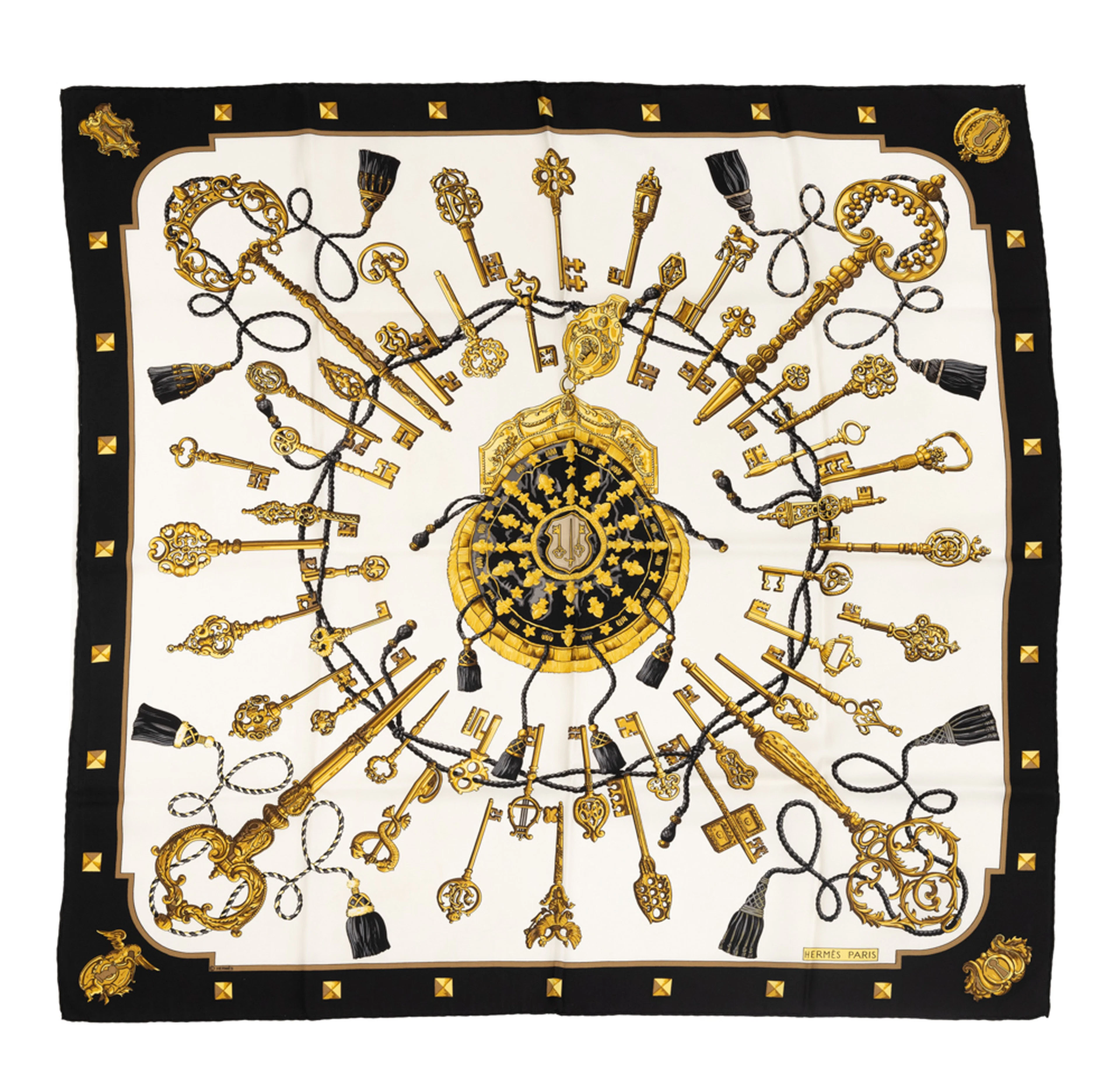Hermès, carré en twill de soie imprimée: Les clefs, bord noir, 90x90 cm