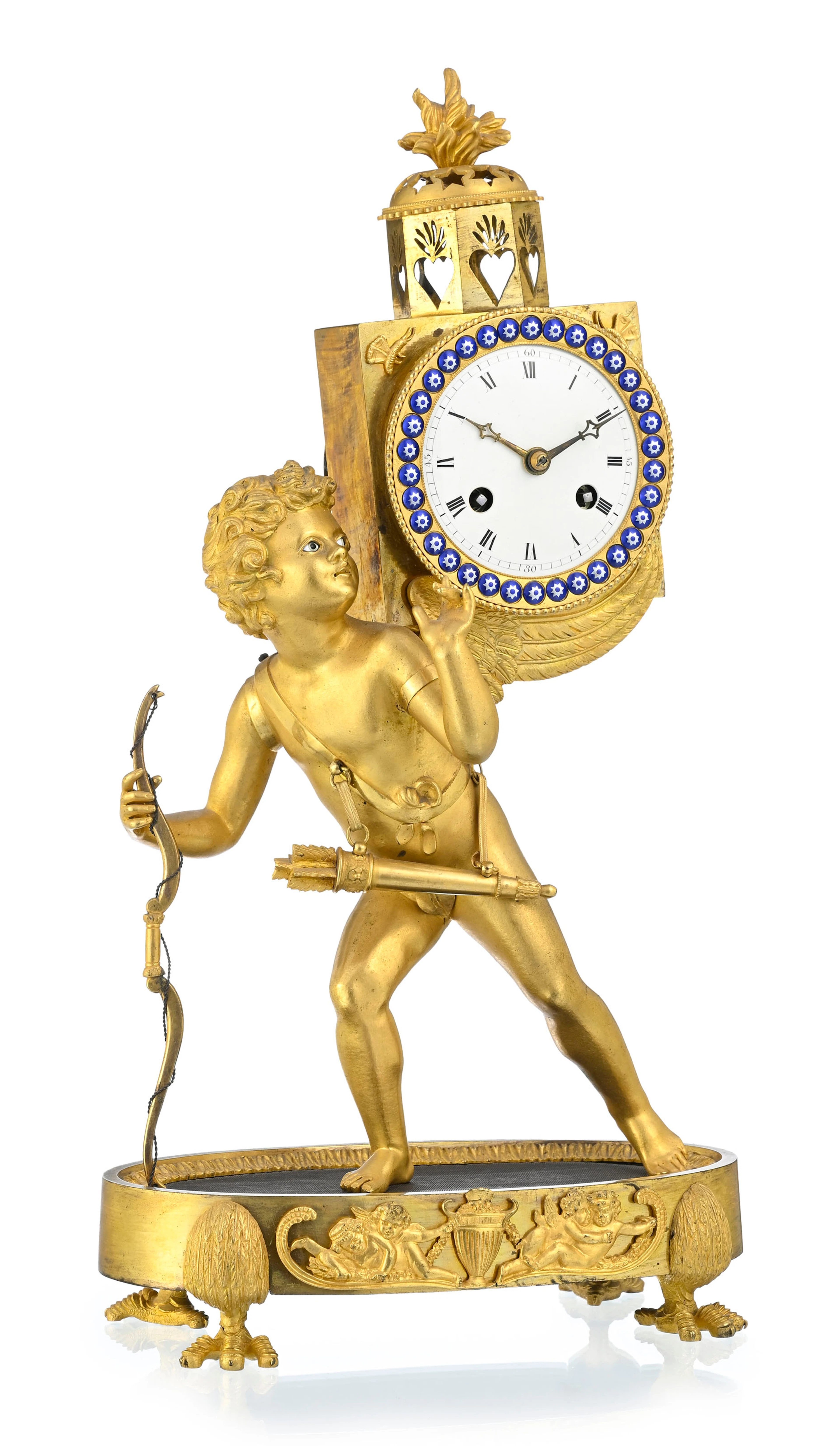 Pendule dite à lanterne magique d'époque Restauration, en bronze doré