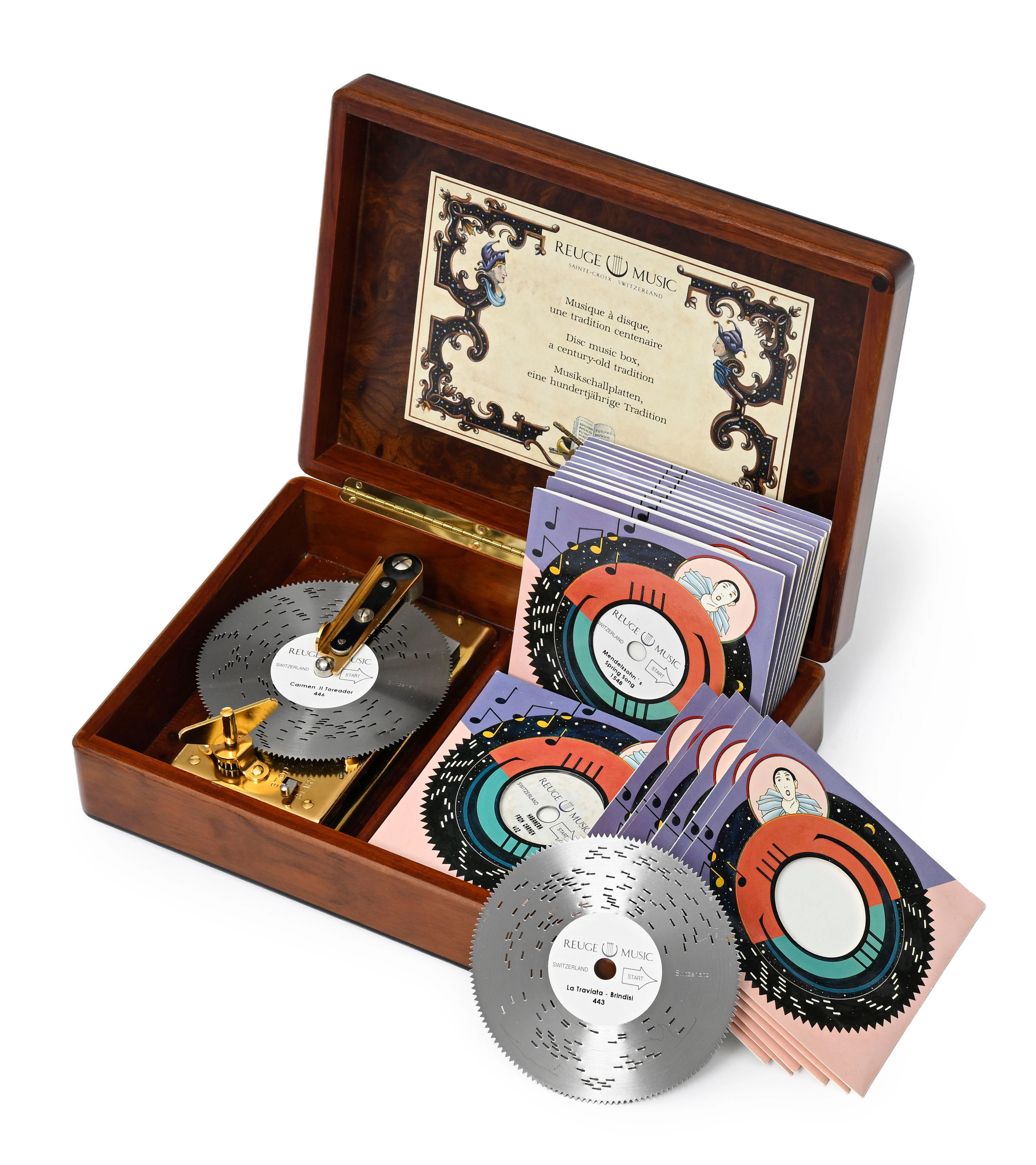 Reuge, boîte à musique à disques, en placage de loupe, avec 26 disques