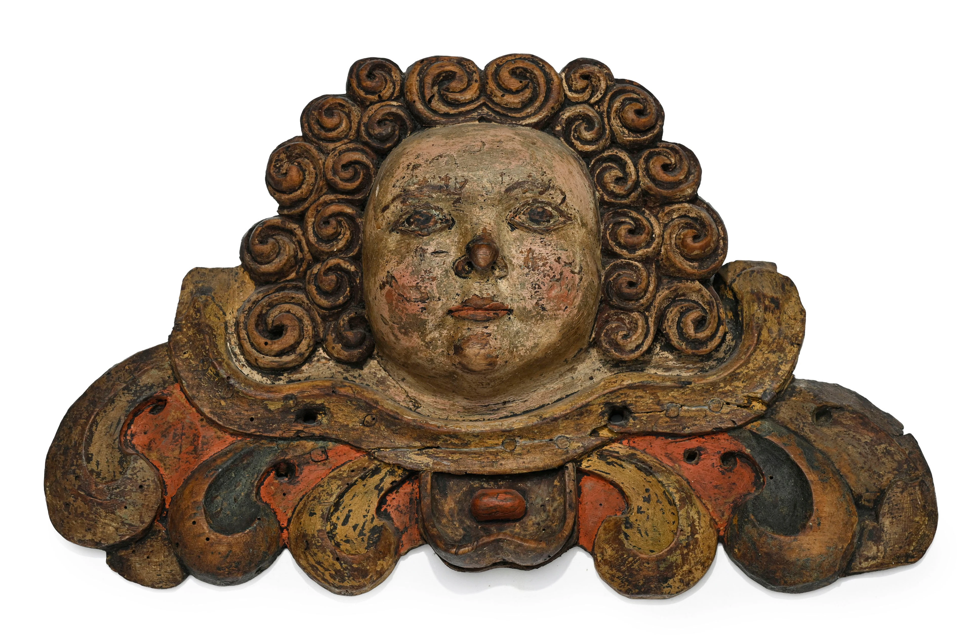 Tête d'ange en bois polychrome, XVIIIe s., Saint Esprit: colombe sur