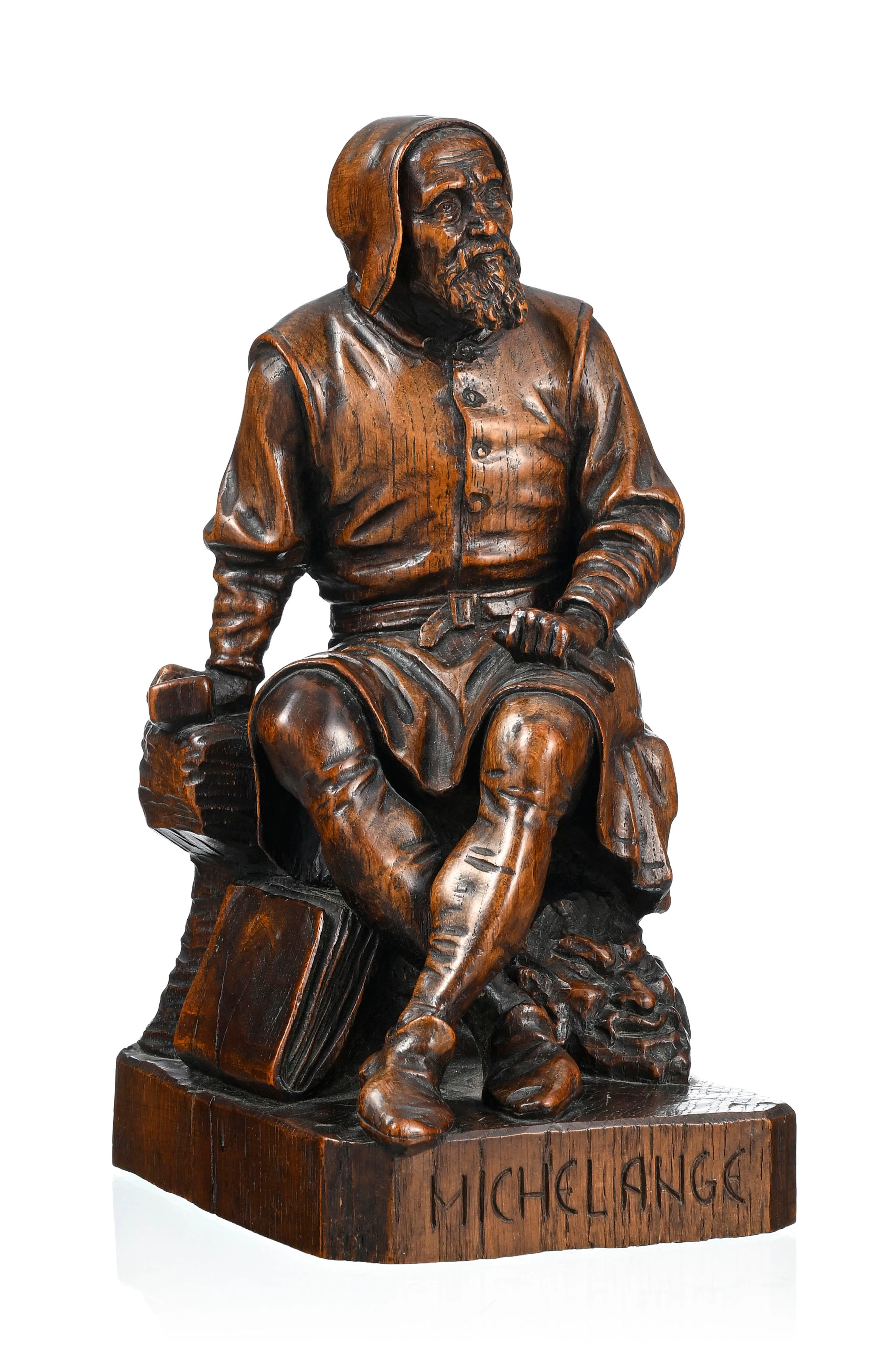Michel Ange, figure en chêne sculpté, probablement Italie, XIXe s., h. 28,5 cm