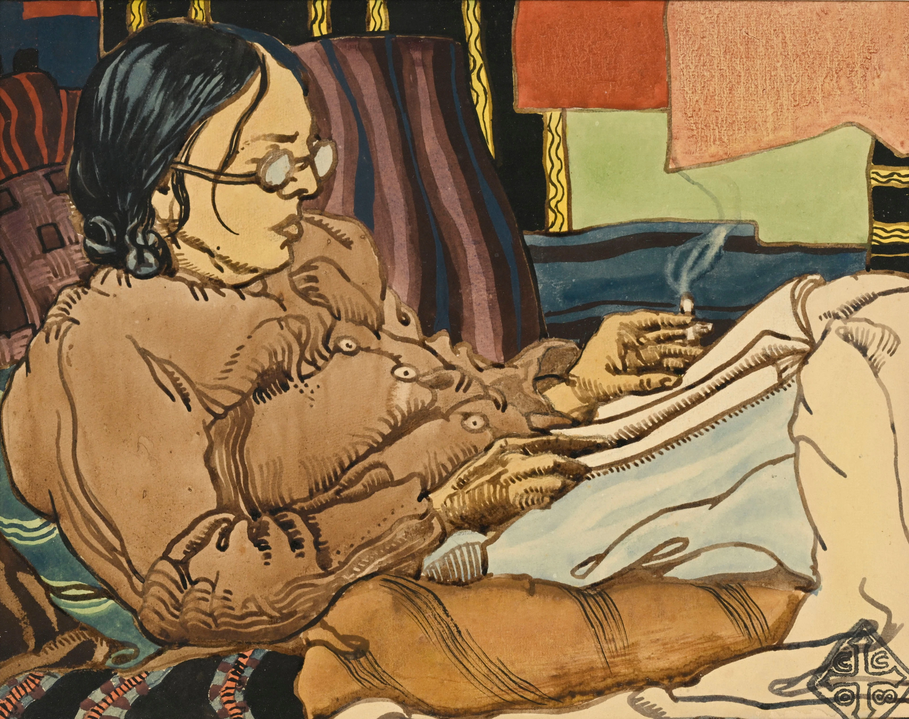 Charles Clos Olsommer (1883-1966), Femme fumant au lit, aquarelle