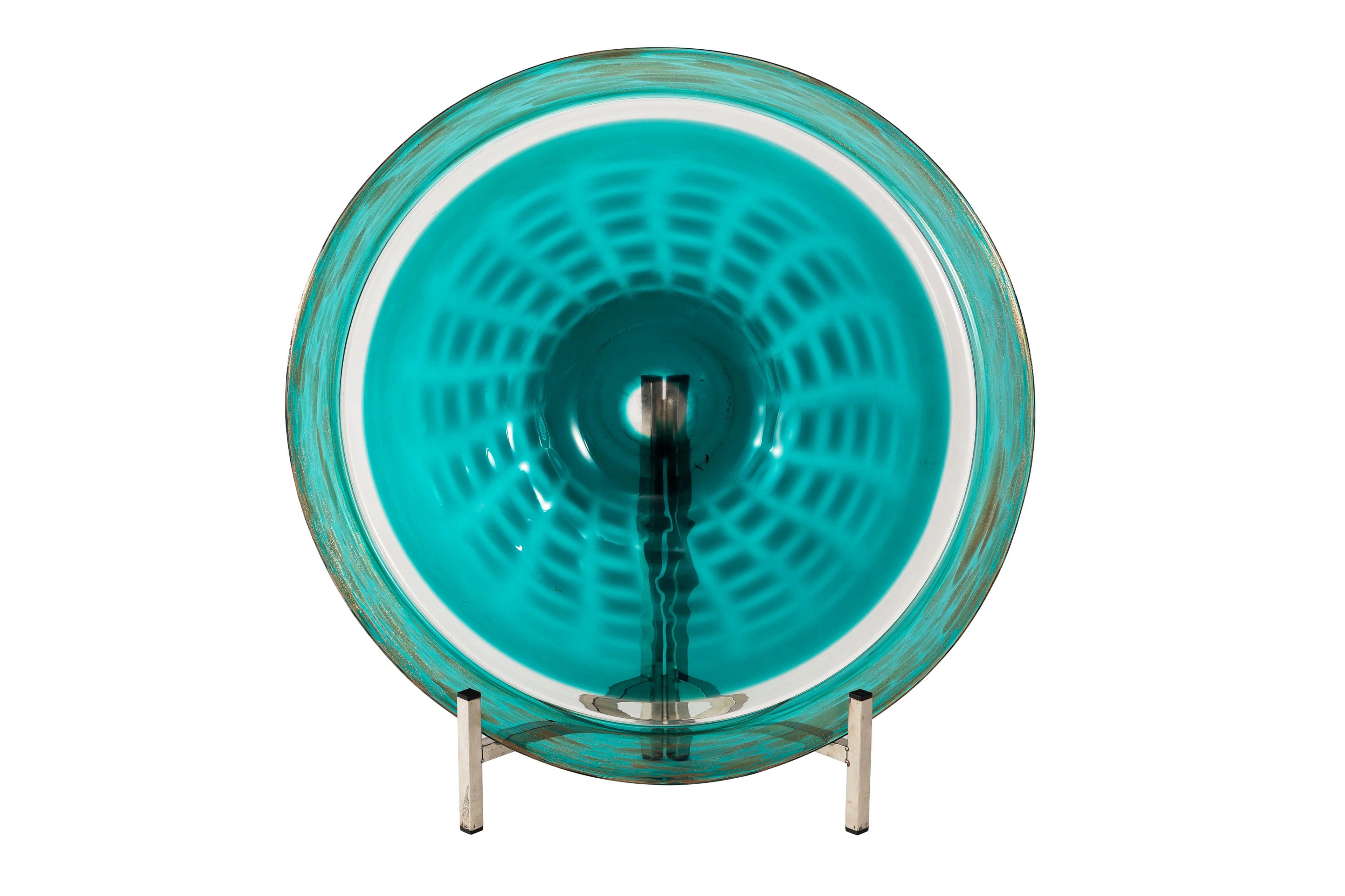 Murano. Grande coupe en verre turquoise, années 1980, inclusions paillons