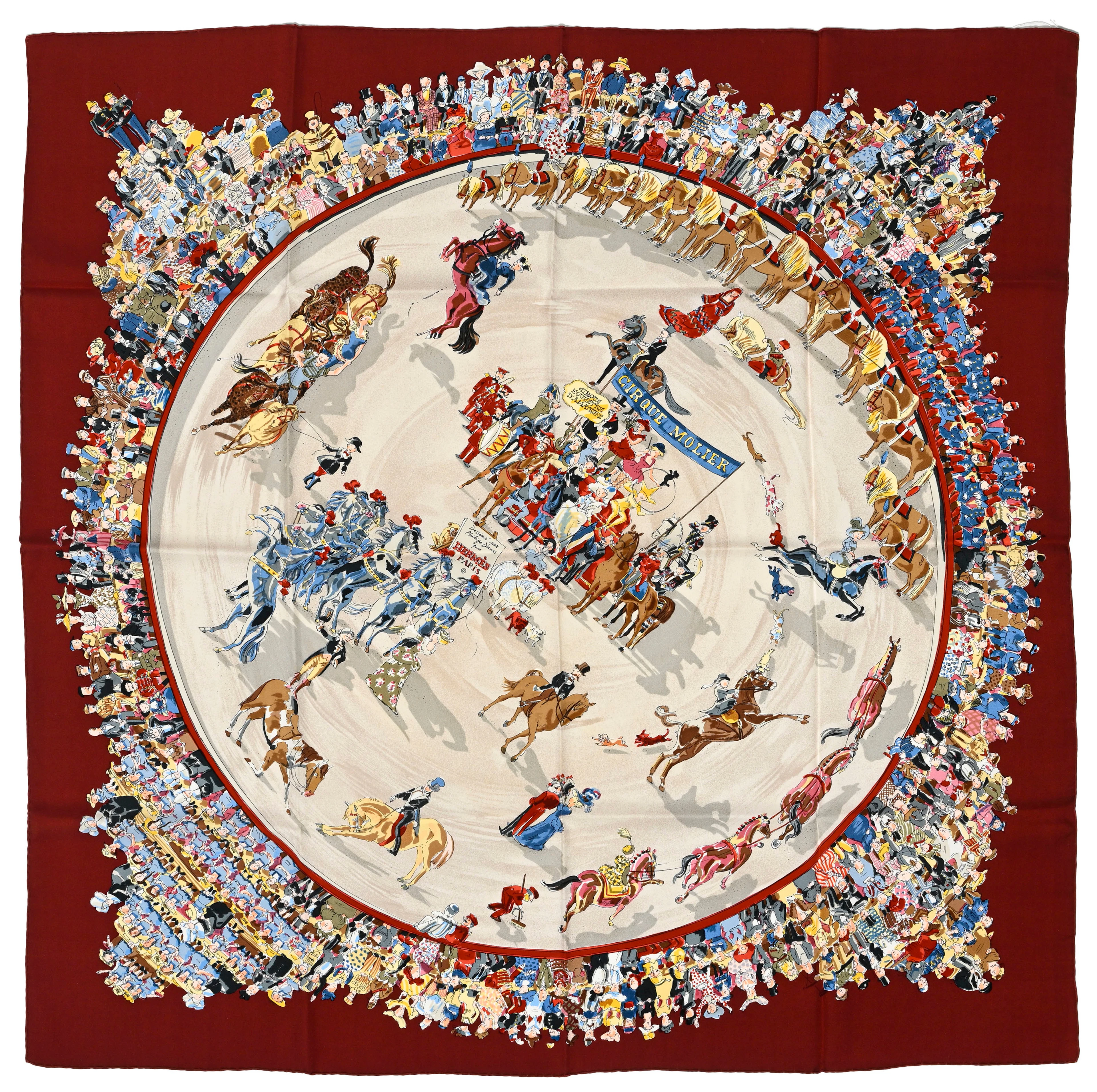 Hermès, carré en twill de soie imprimé: Cirque Molier, bord bordeaux, 90x90 cm