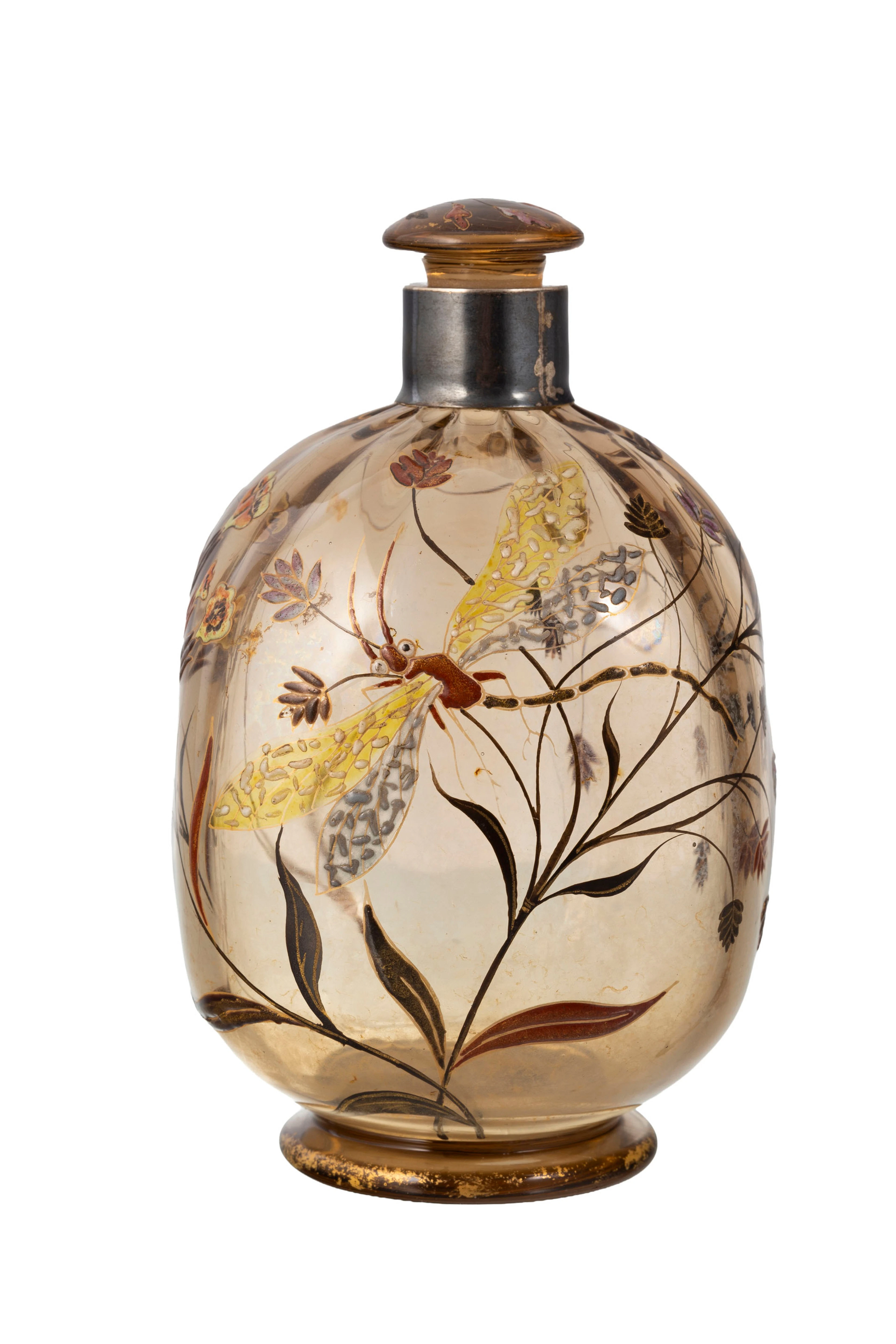 Gallé. Flacon en verre, à décor émaillé de libellule et fleurs, rehauts