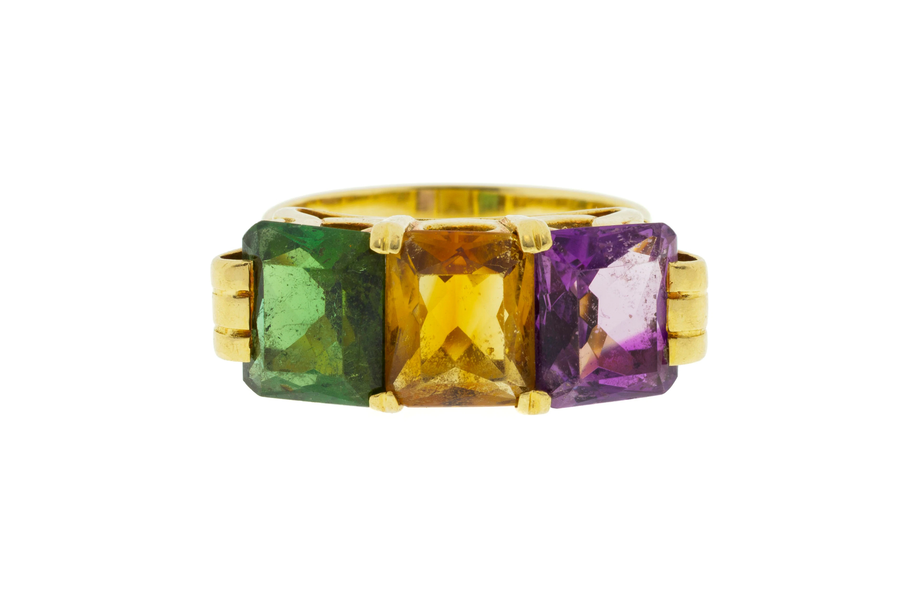 Bague or 750 sertie d'une améthyste, d'une citrine et d'une tourmaline