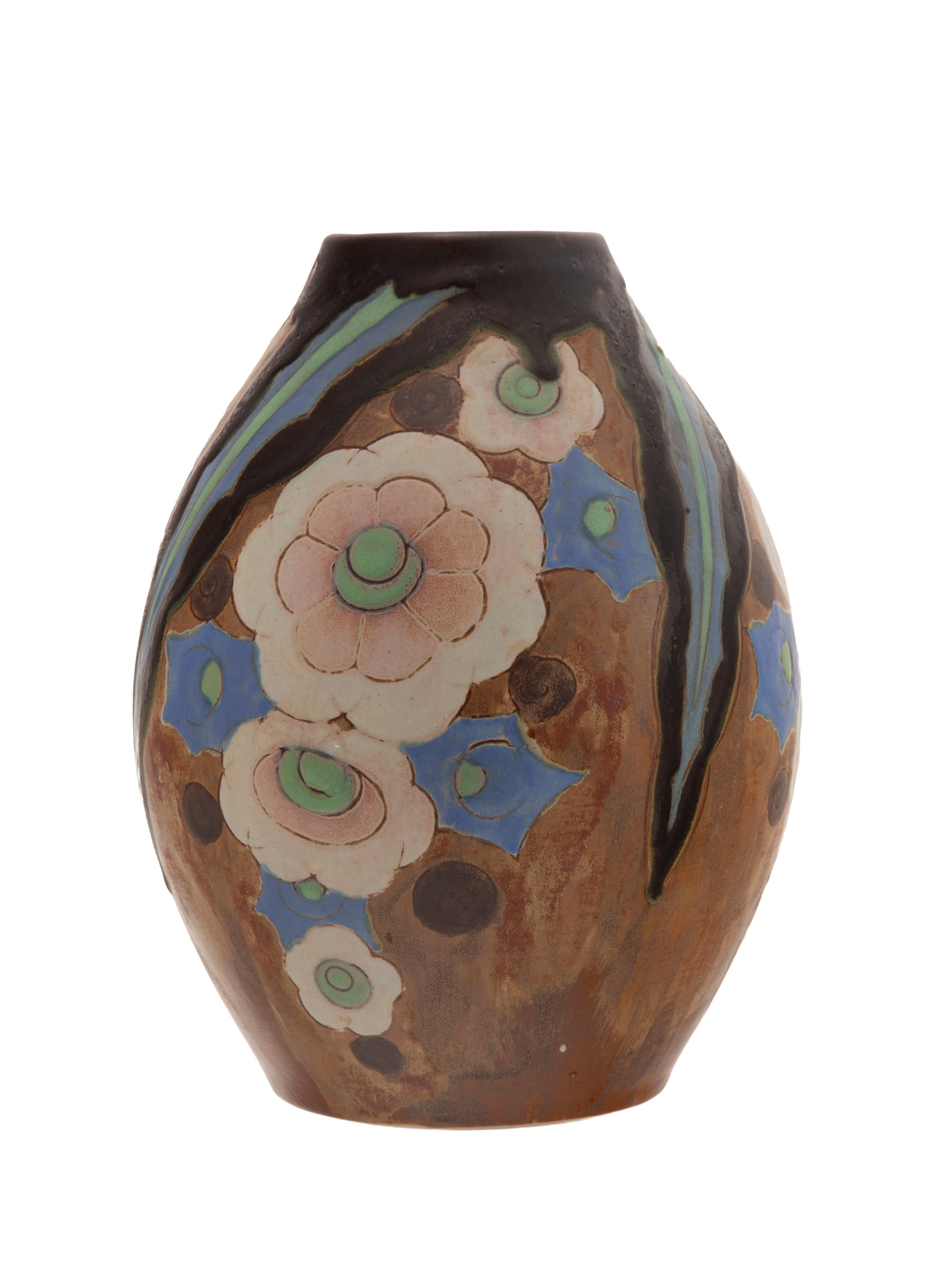 Keramis. Vase en grès à décor de fleurs polychromes, modèle de Charles