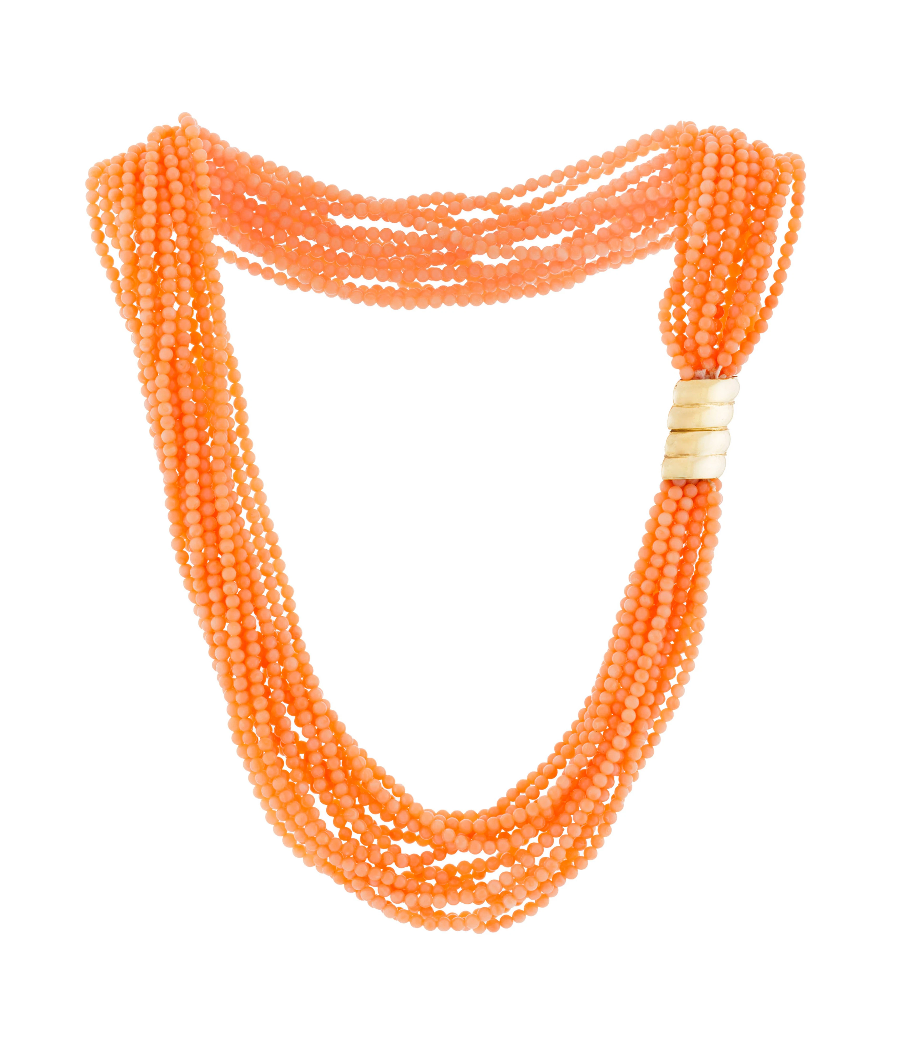 Collier multi-rangs de billes de corail rose, fermoir en or 750 godronné