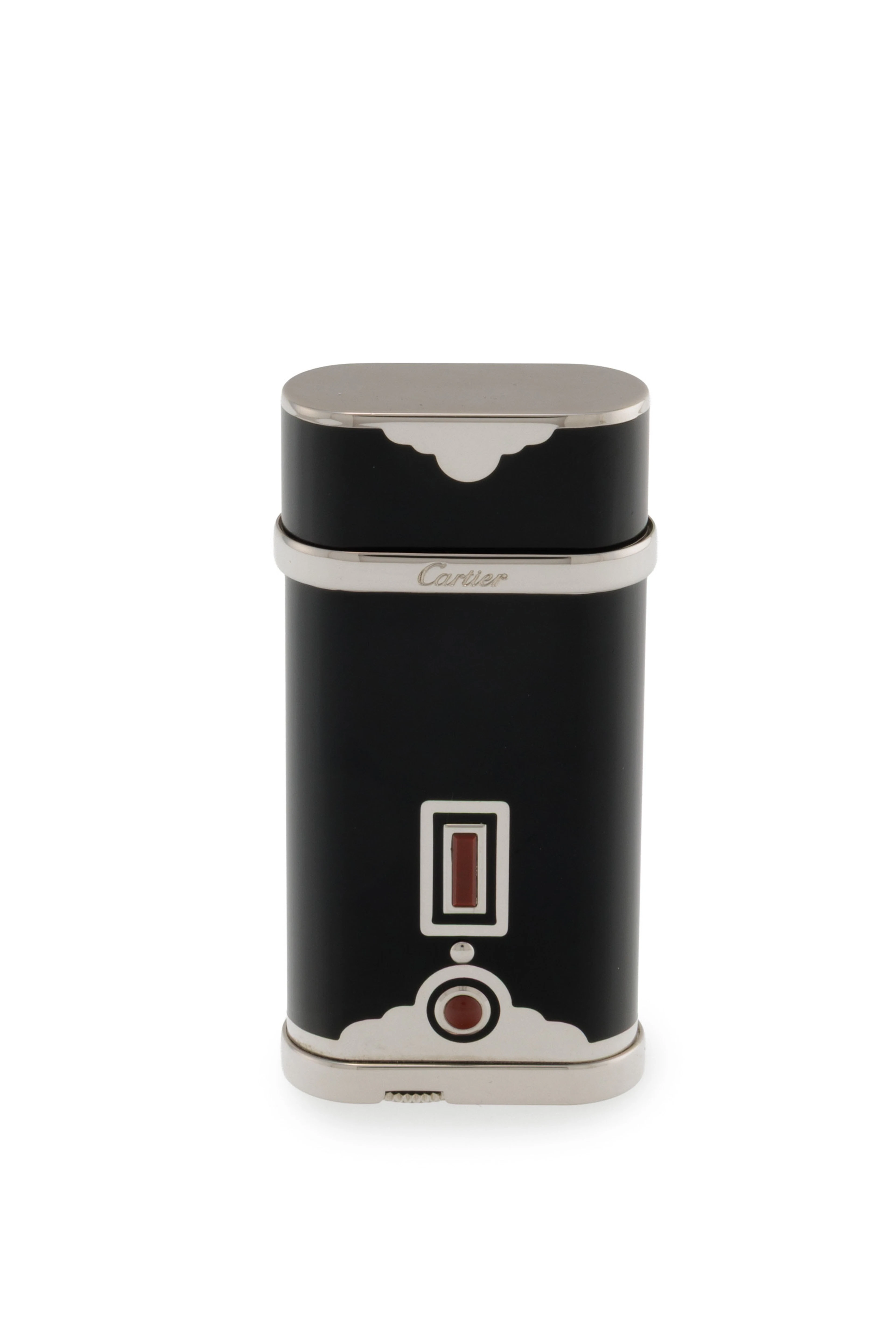 Cartier, briquet de style Art Déco en métal argenté et laque noire