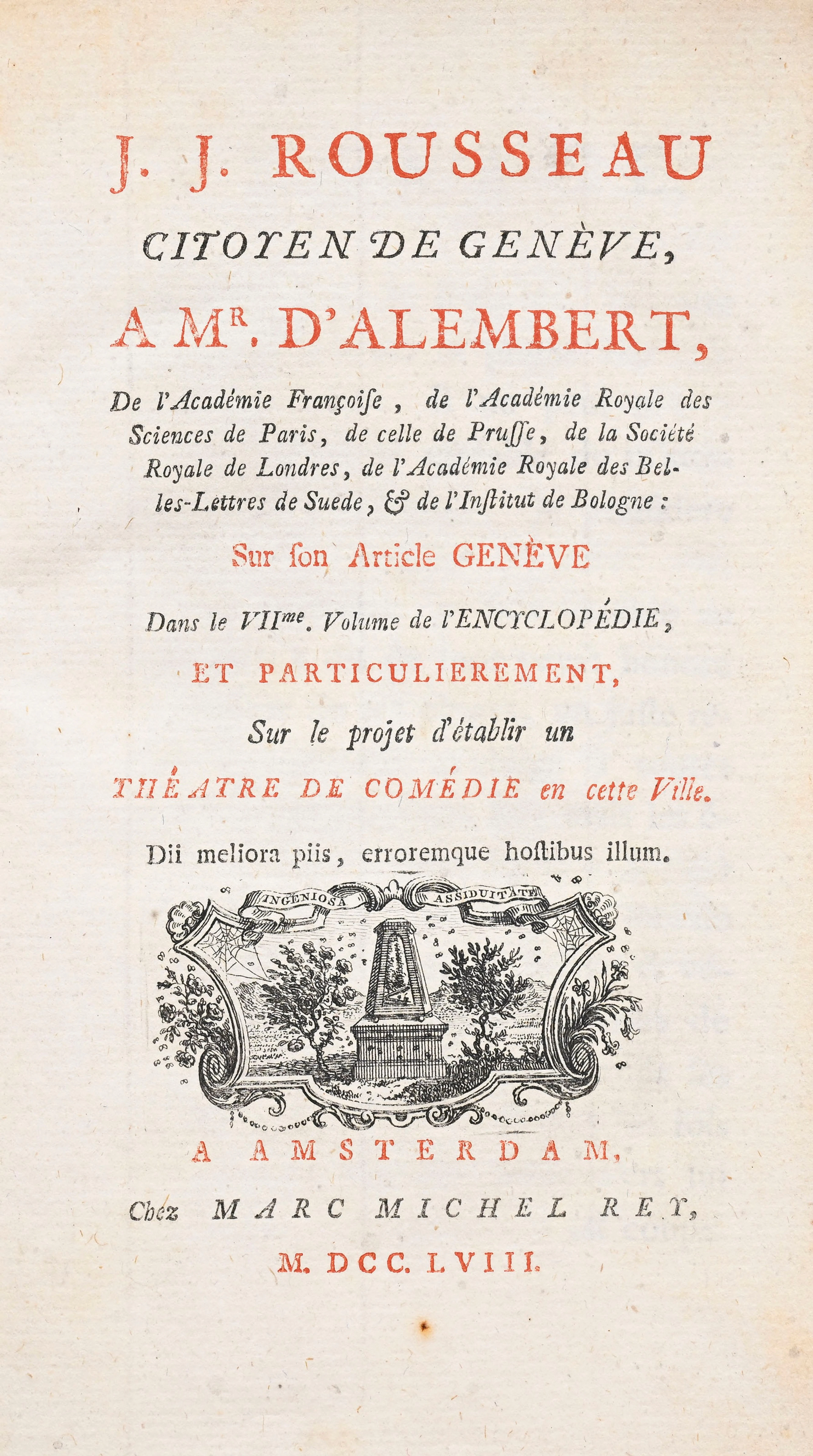 ROUSSEAU (Jean-Jacques). J. J. Rousseau, citoyen de Genève, à Mr D'Alembert