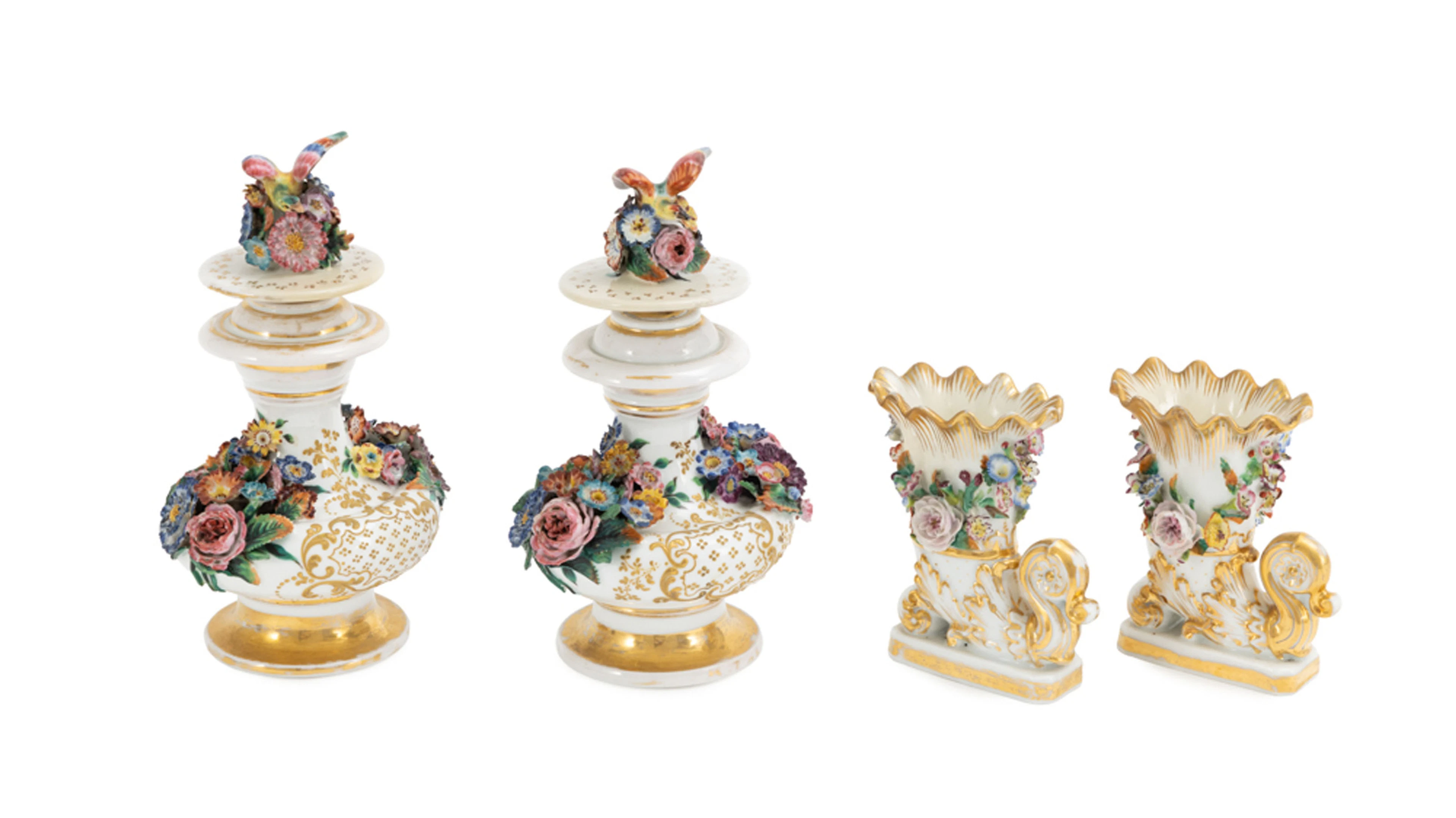 Jacob Petit. Ensemble d'1 paire de flacons et 1 paire de vases en
