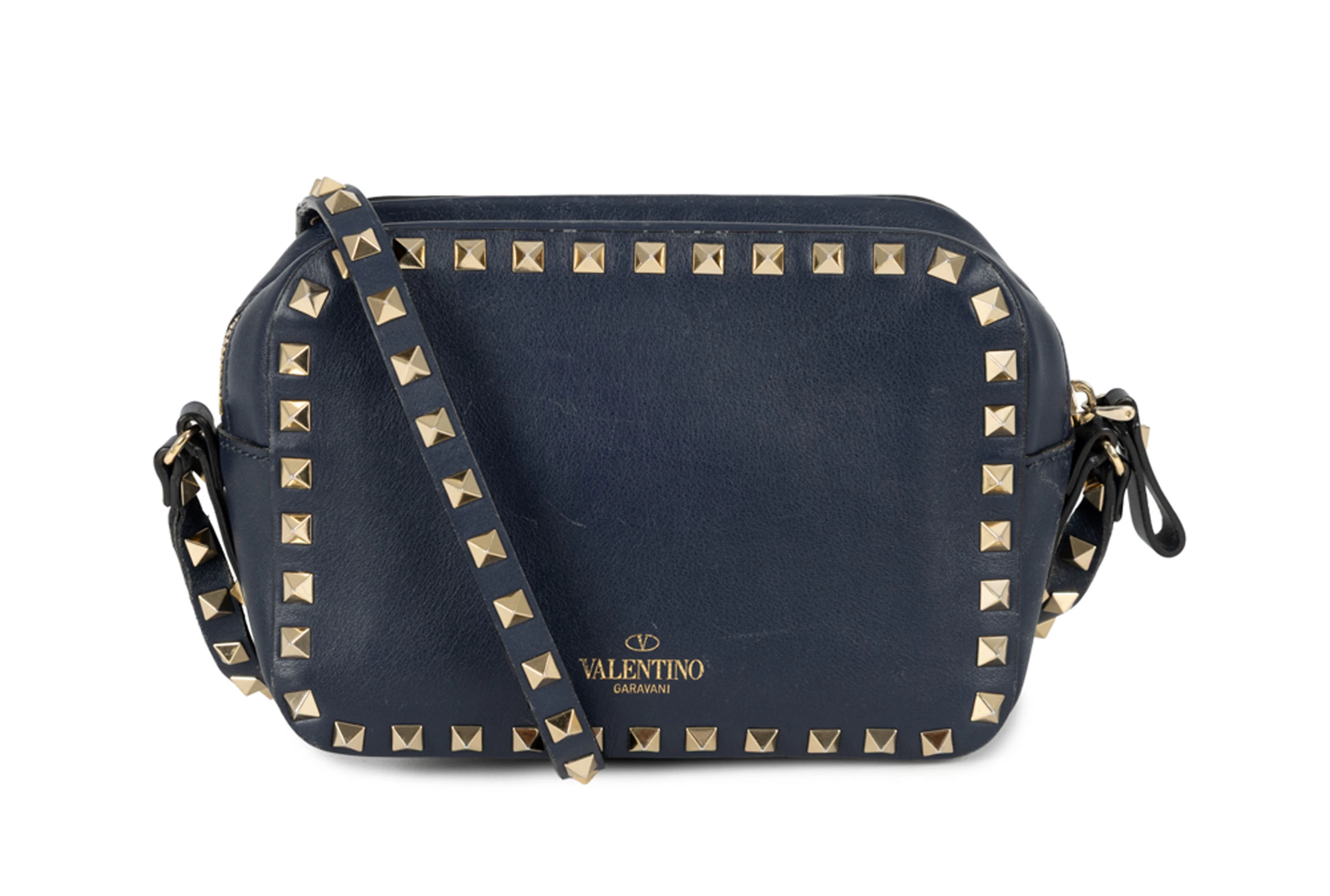 Valentino Garavani, sac Rockstud Camera en cuir bleu marine, orné