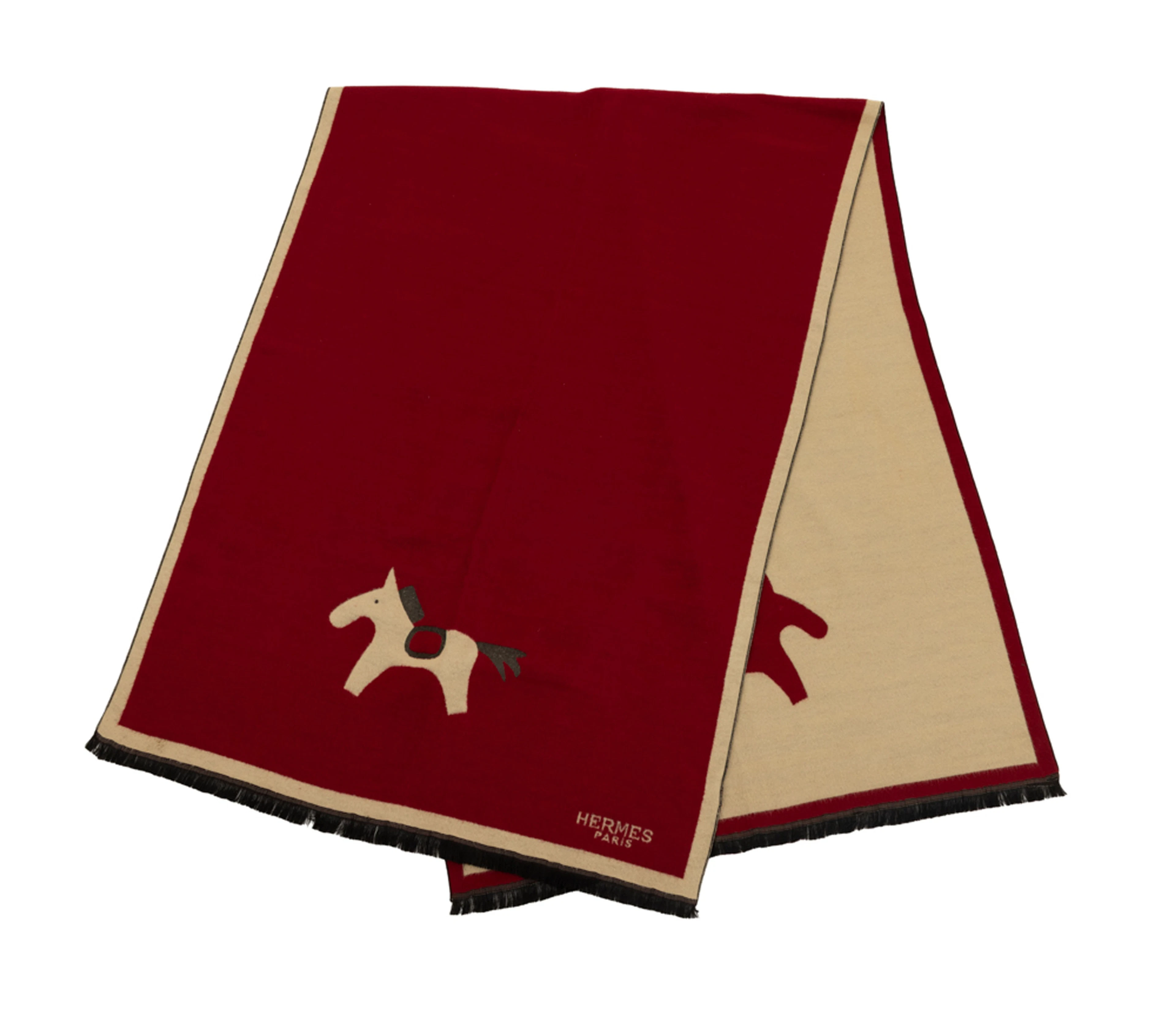 Hermès, écharpe en laine feutré et cachemire rouge doublé beige, orné