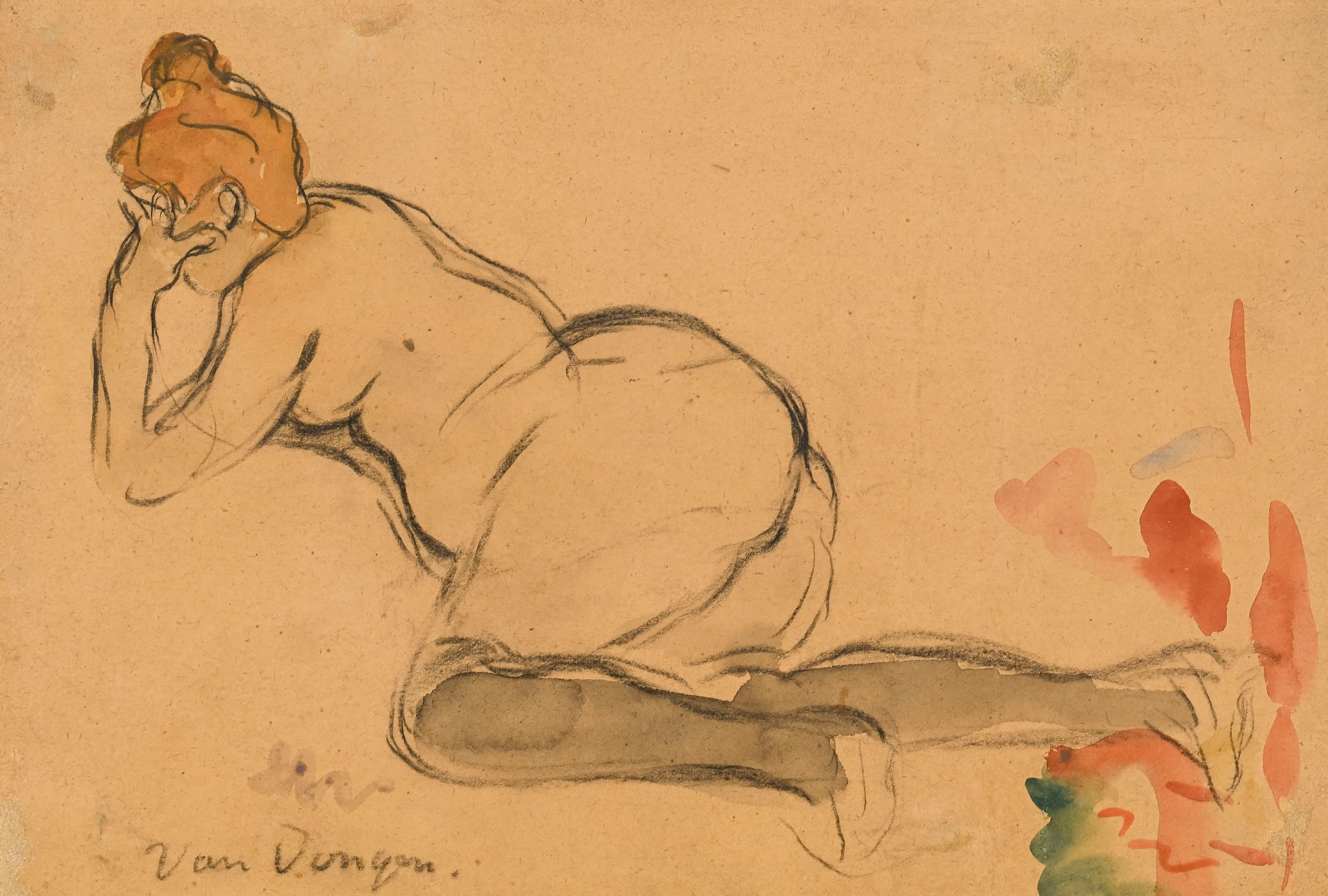 Kees van Dongen (1877-1968), "Nu allongé"_,_ fusain et aquarelle sur