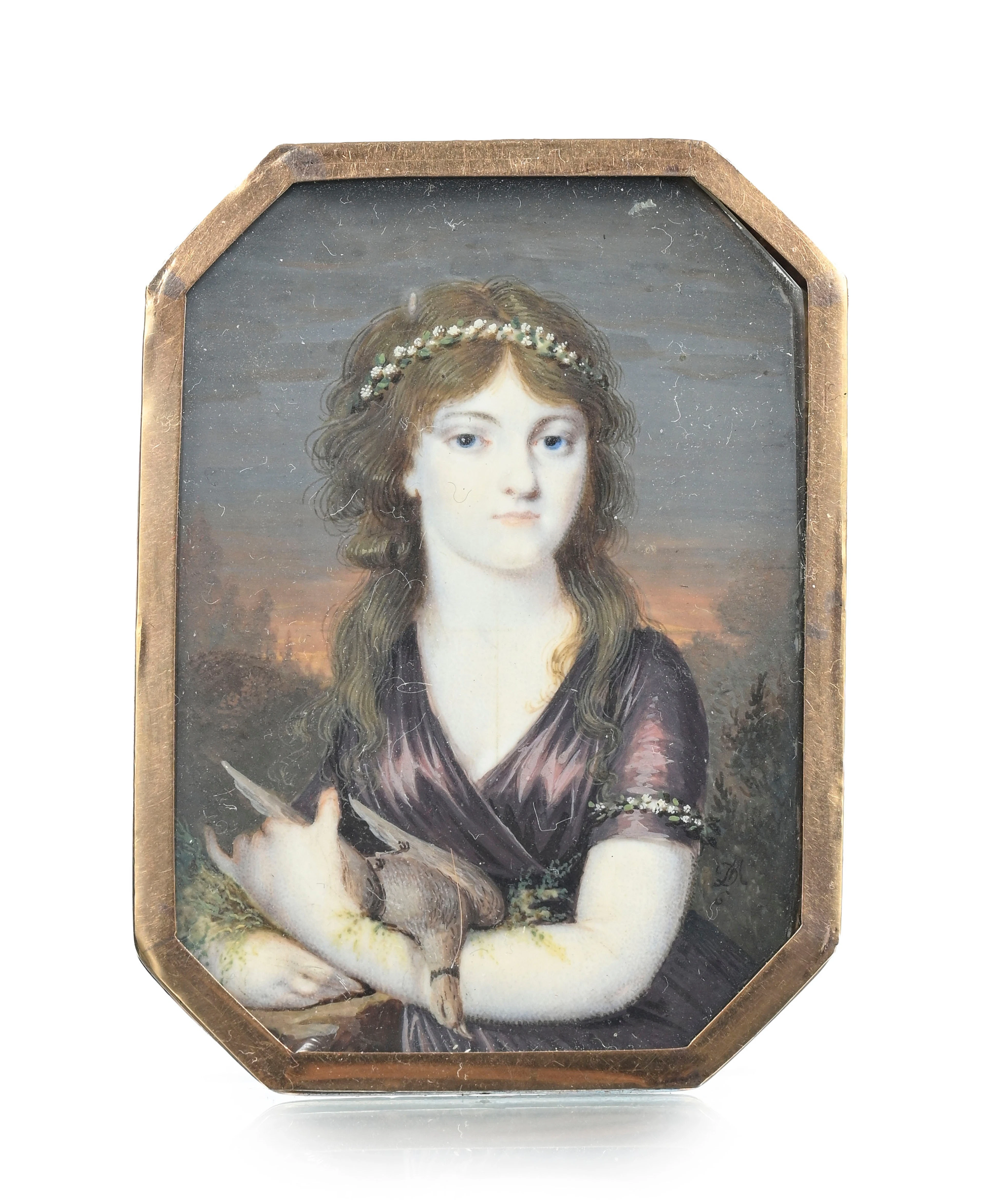 Dame à la colombe, portrait en miniature, aquarelle et gouache sur