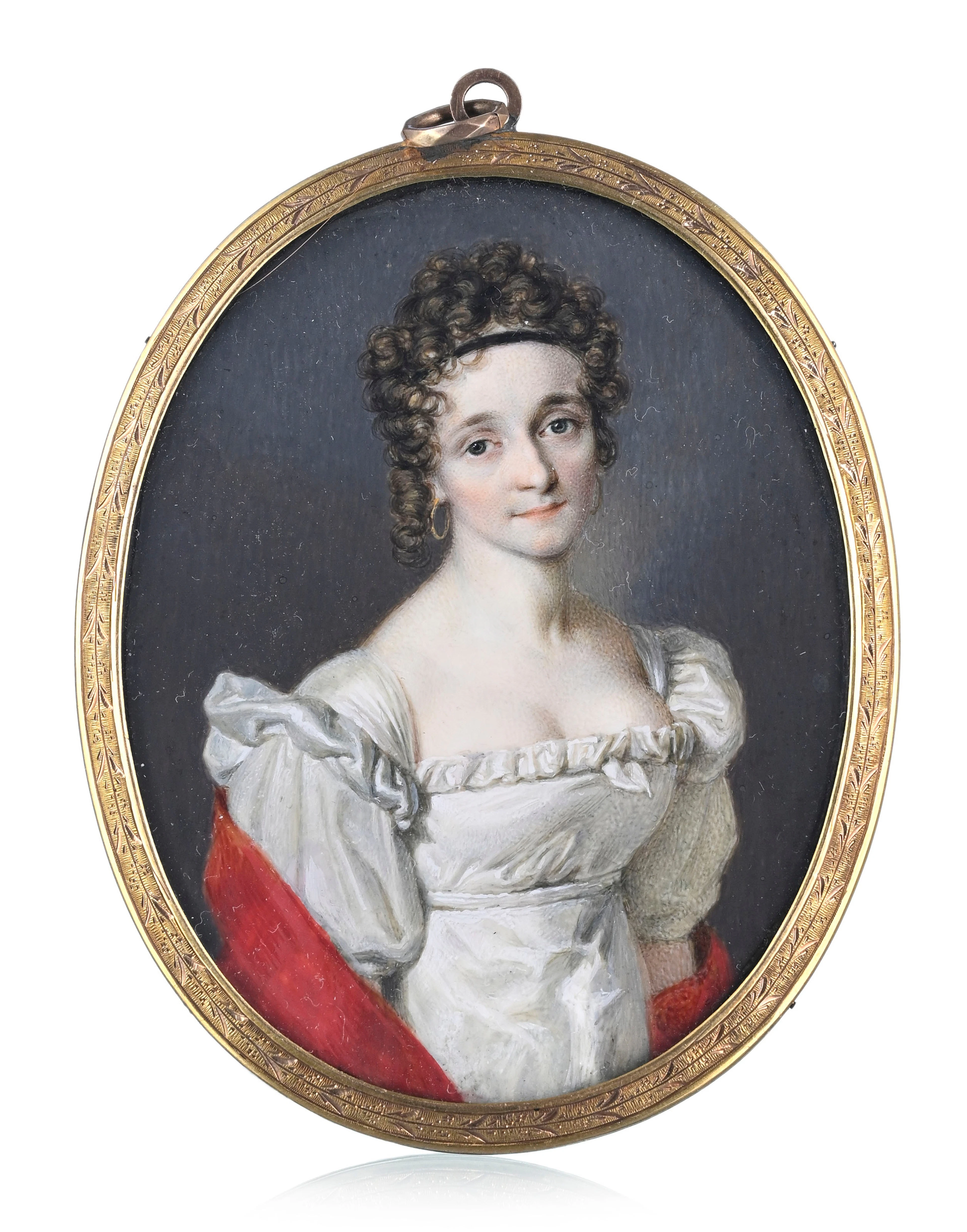Dame à la robe blanche avec créoles, portrait en miniature, cadre