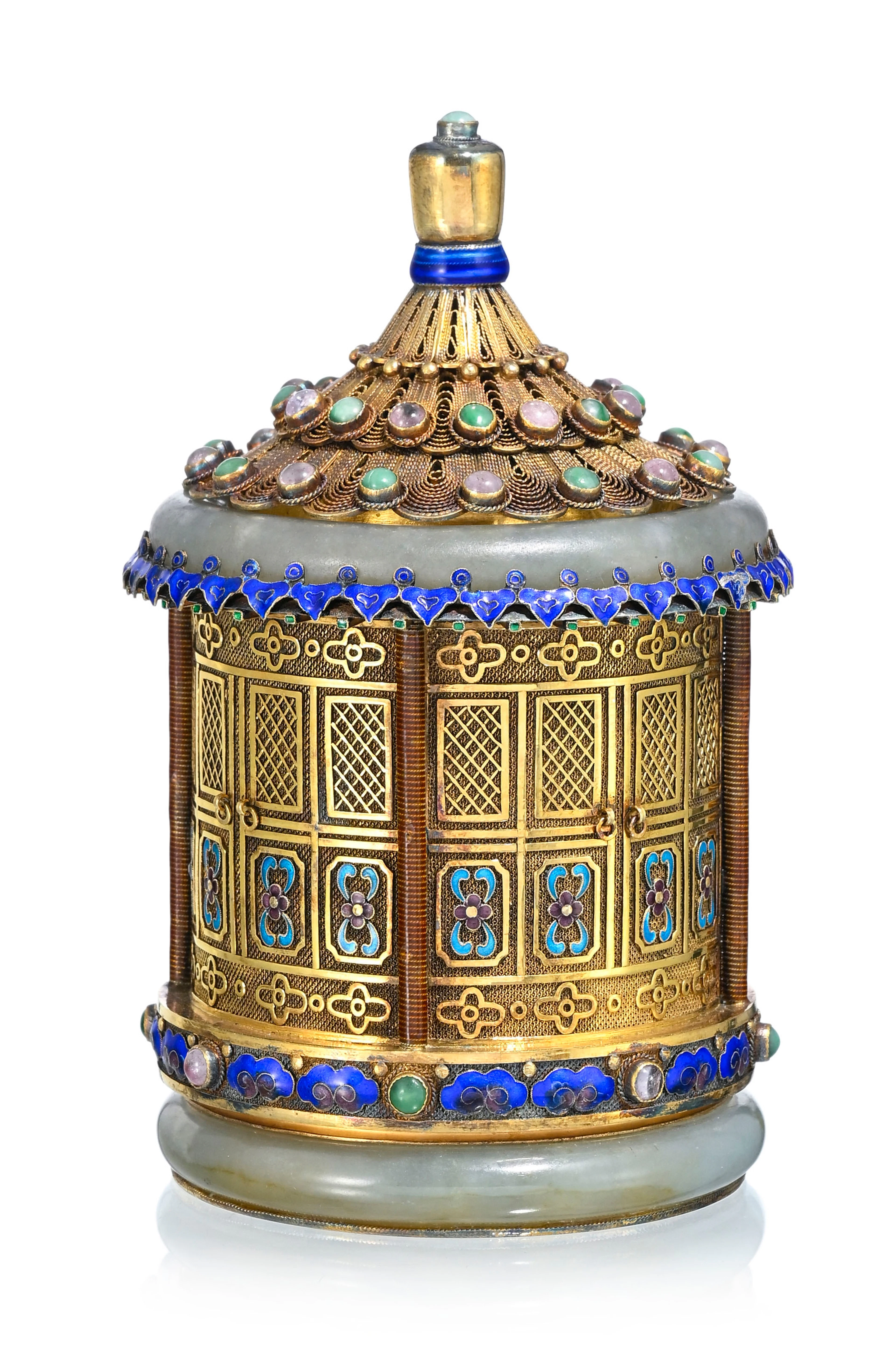 Boîte à thé en forme de pagode en argent doré, émail, filigrane et