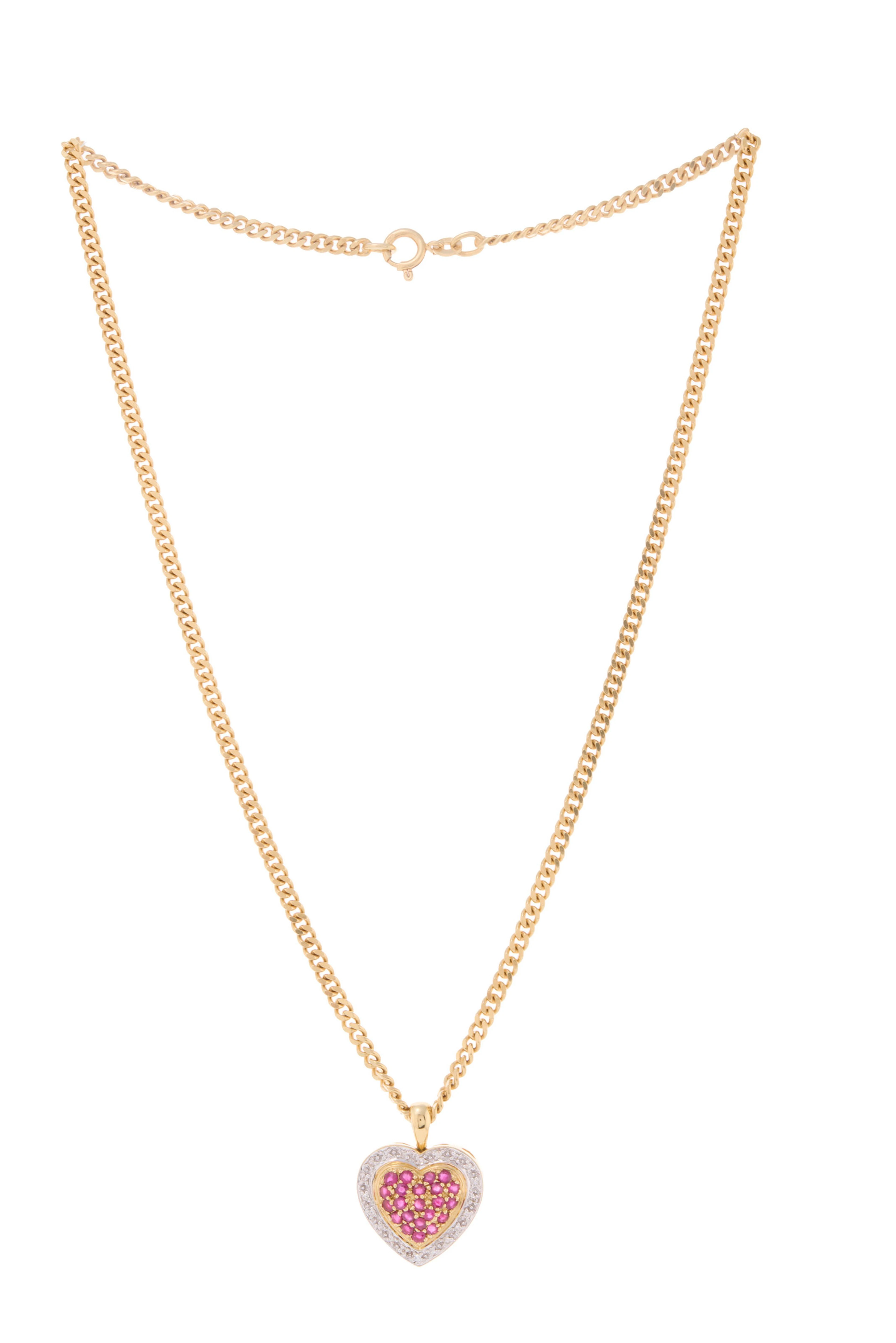 Pendentif cœur 2 ors 750 serti de rubis et de diamants taille 8/8