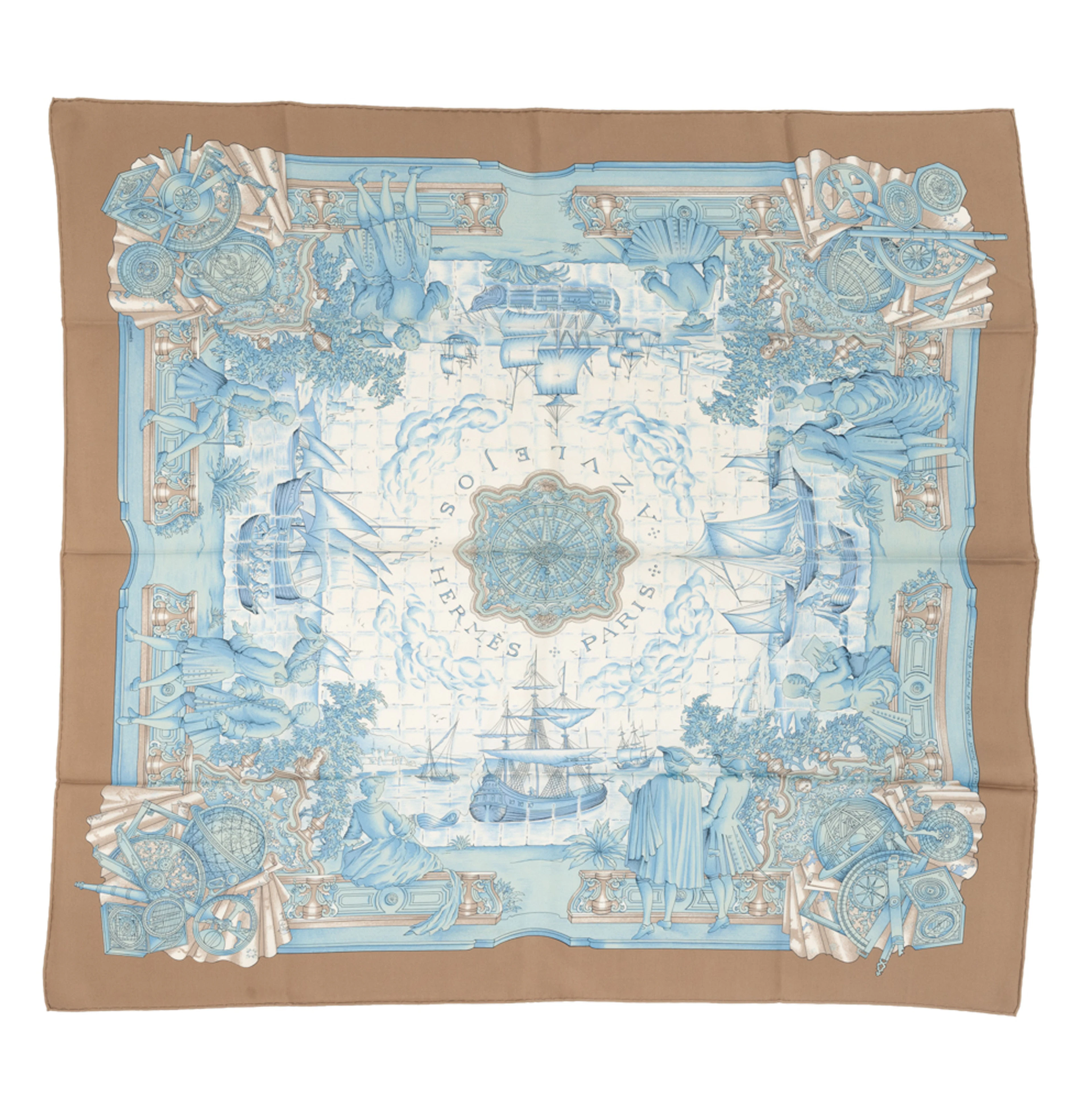 Hermès, carré en twill de soie imprimée: Azvlejos, bord étoupe, 90x90 cm