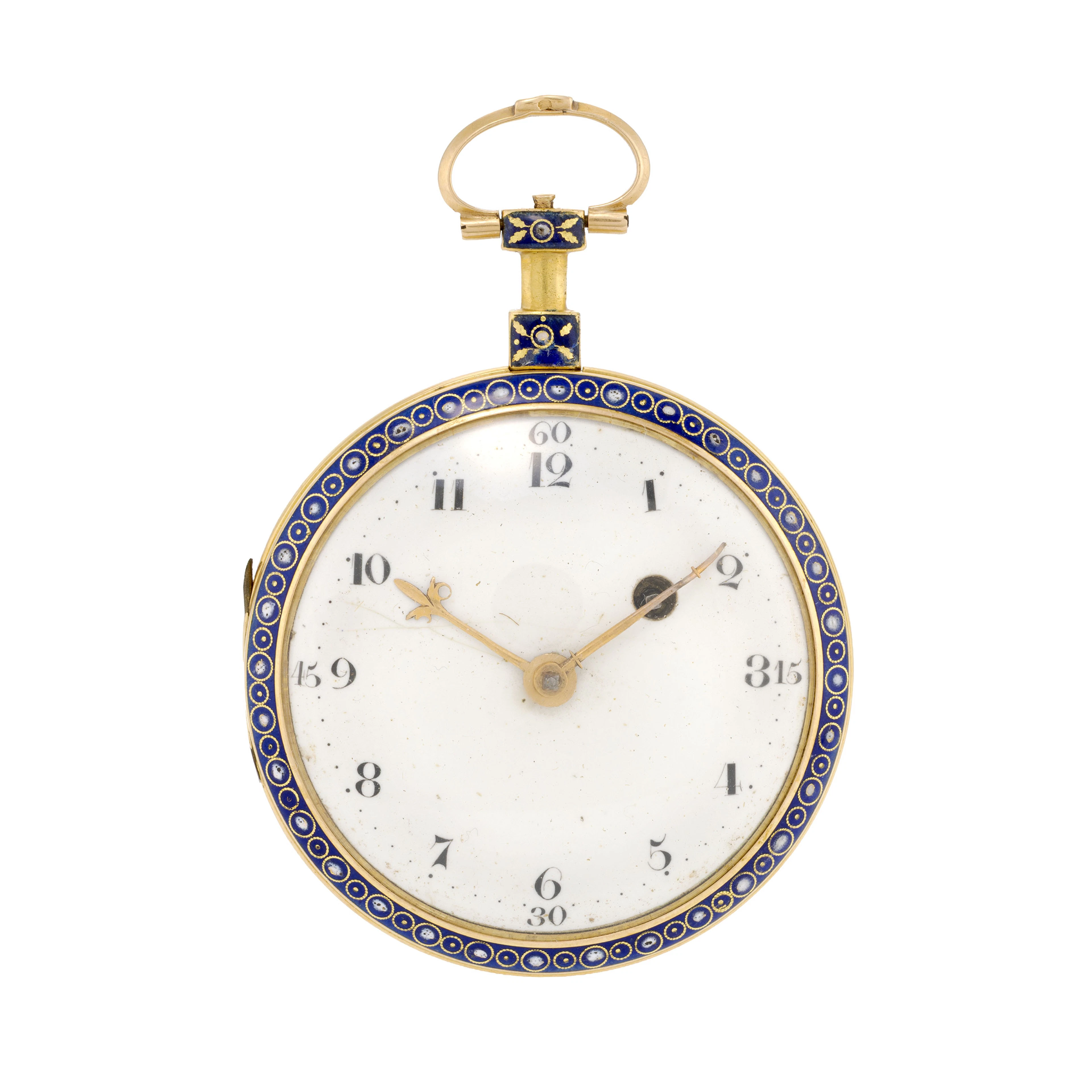 Montre de poche à coq en laiton, or et émail, fin XVIIIe, début XIXe
