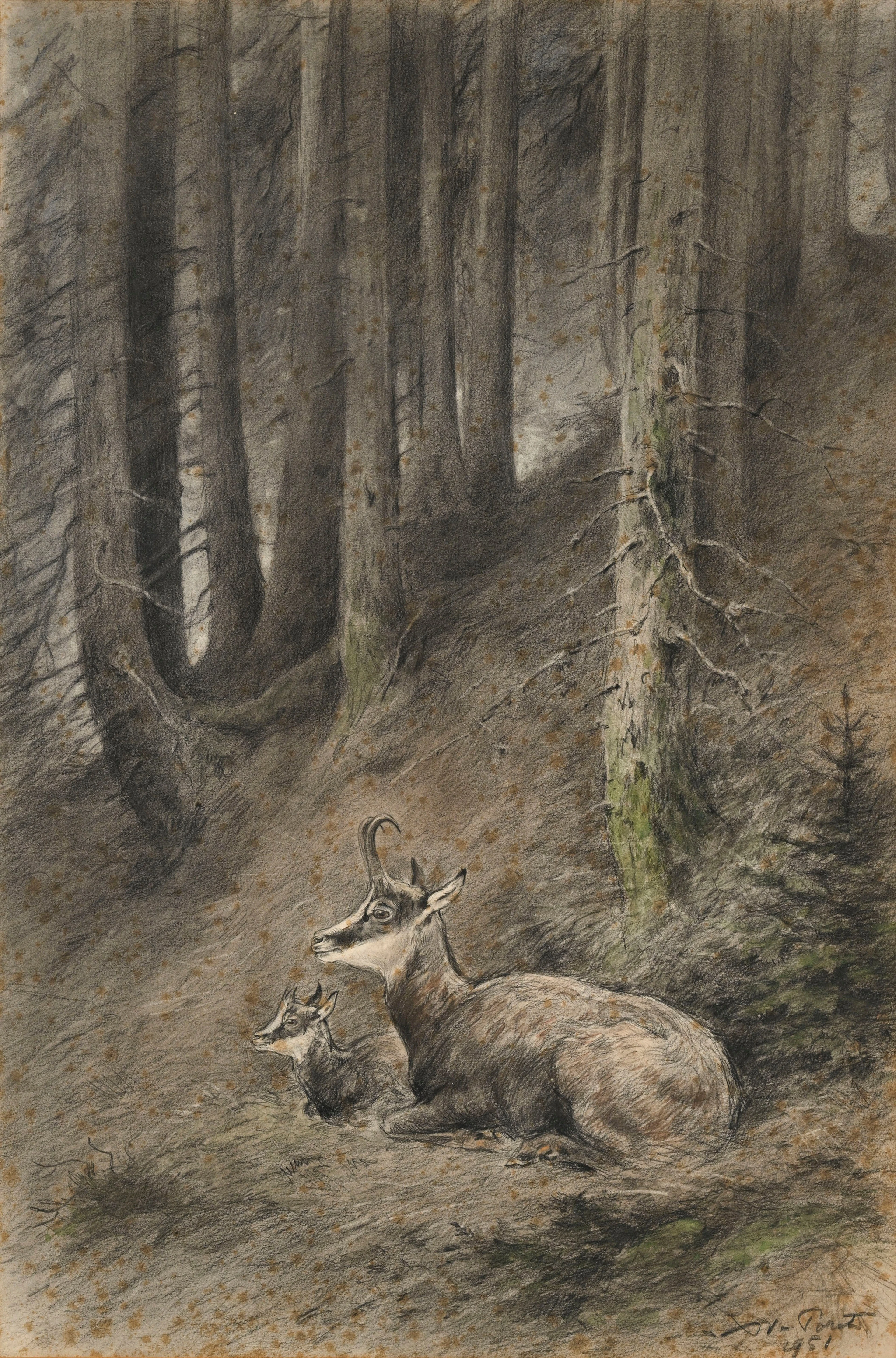 Xavier de Poret (1894-1975), Chèvre et son cabri dans une clairière