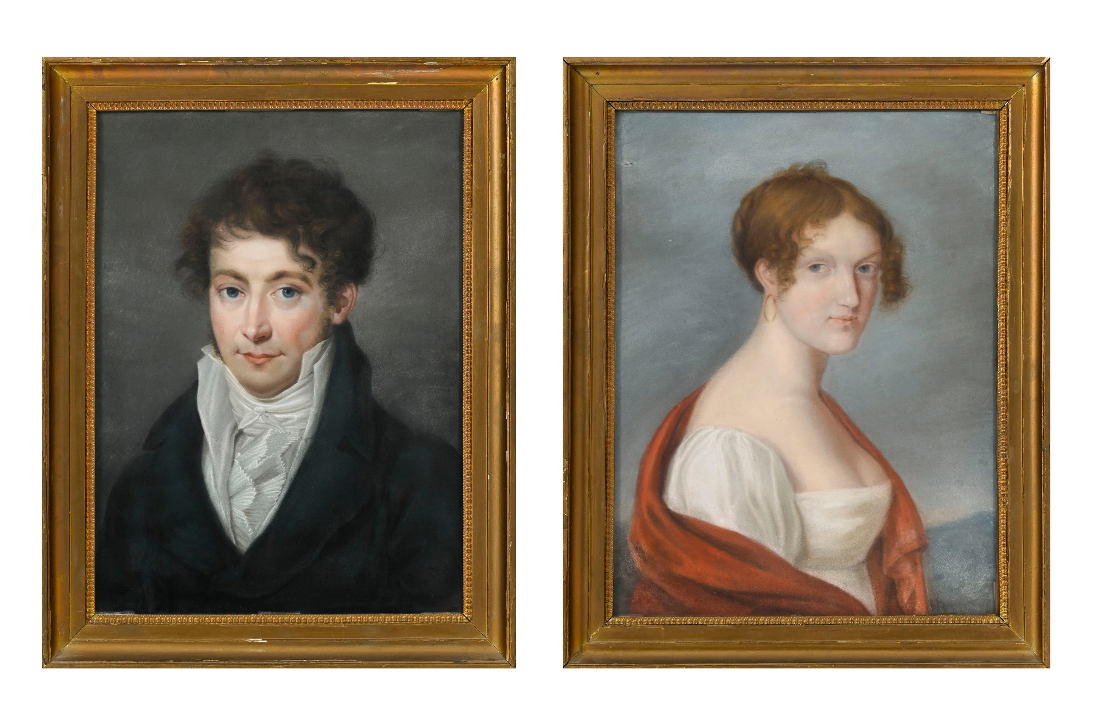 Ecole française du XIXe s., Portrait d'un élégant et Portrait d'une