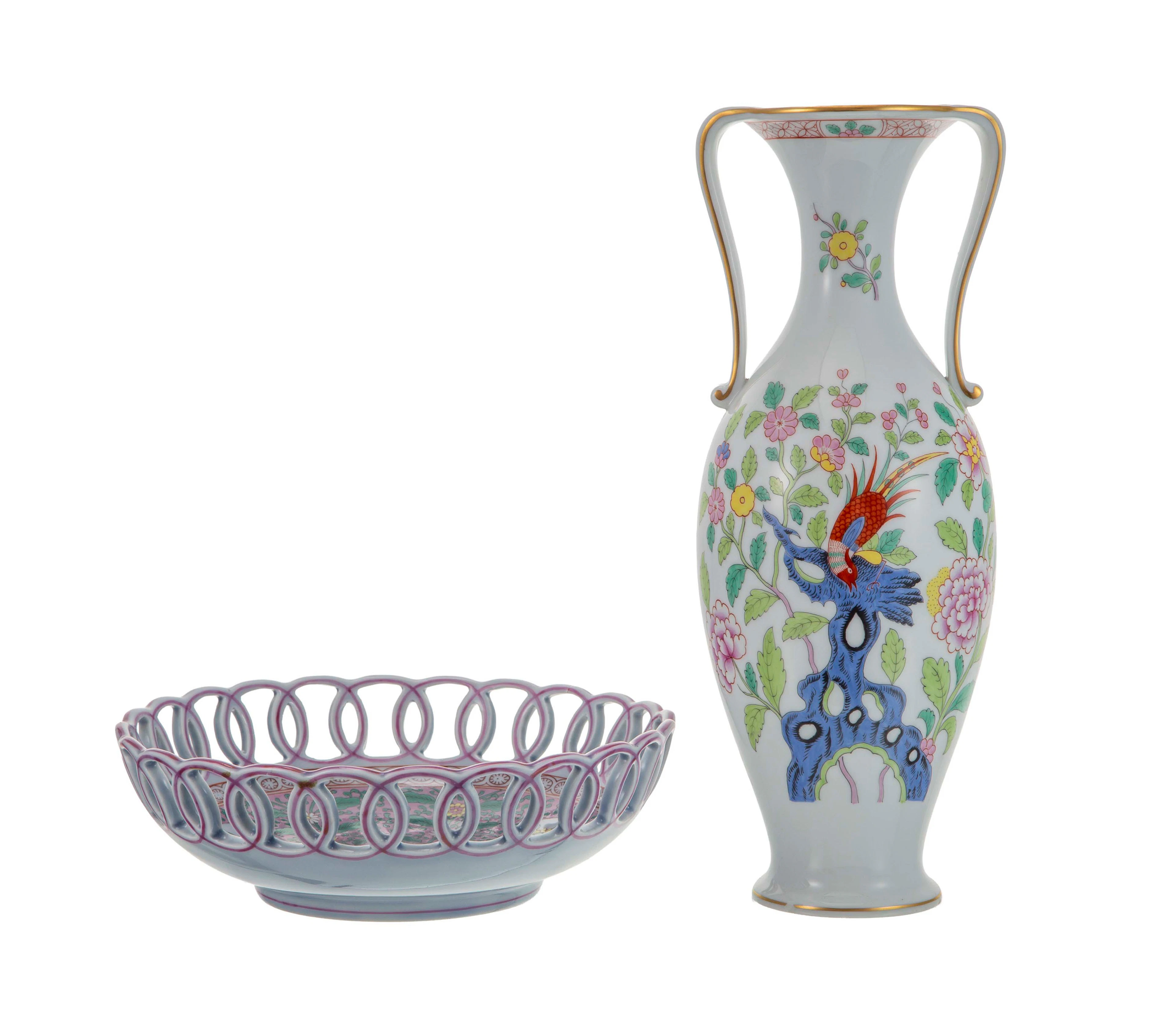Herend. Ensemble d'1 vase Paon de Peking et 1 coupe ajourée Enamel